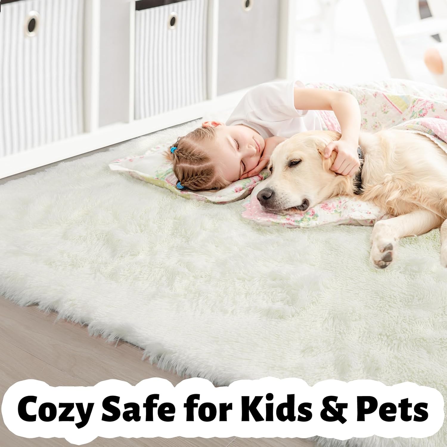 Amdrebio Ivory White Rugs for Bedroom Living Room, Soft Indoor Modern Area Rug 4x6 for Kids Room, Cute Fluffy Thick Fuzzy Carpet for Nursery Dorm, Home Decor, Furry Cream Rugs for Baby Teen Girls Boys