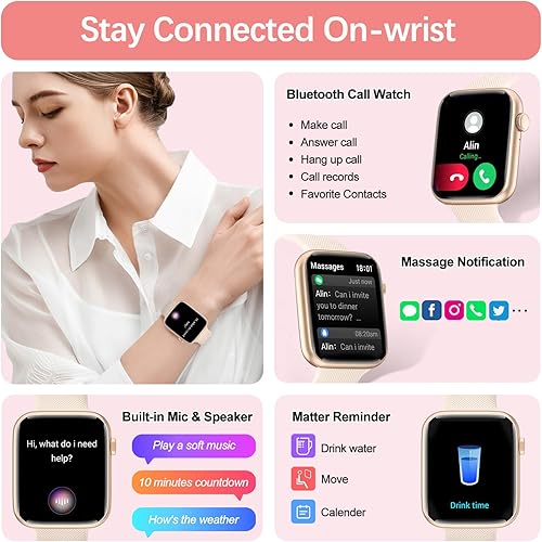 Miniatura 4 de YoYoFit Reloj inteligente (respuestahacer llamadas), reloj inteligente de 1.85 pulgadas para mujer, rastreador de actividad física impermeable con