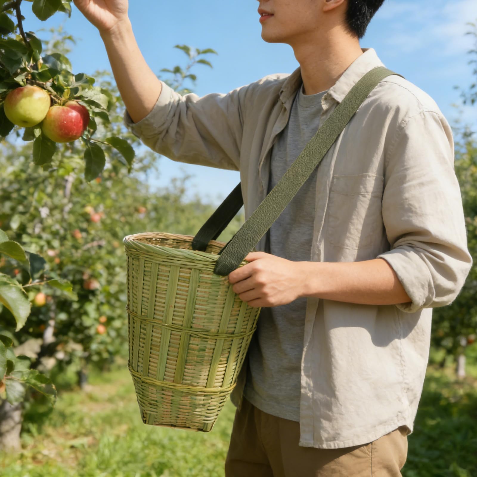 Operitacx Cesto in Bambù Intrecciato a Mano 30x26x26 Cm con Tracolla per Raccolta Frutta e Verdura, per Picnic All'aperto e Organizzazione Naturale