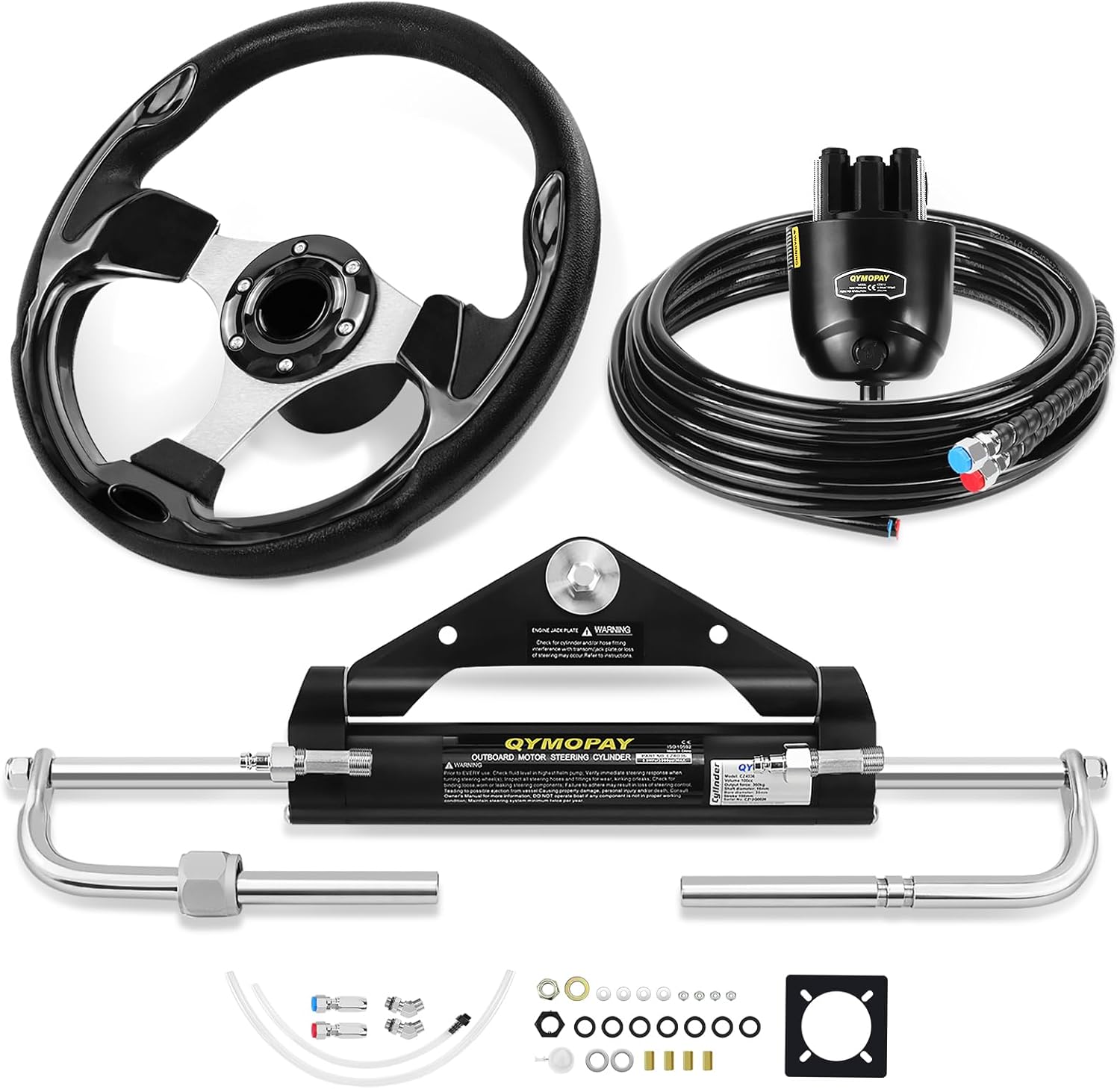 150HP Hydraulic Outboard Steering Kit, Marine Hydraulic Steering System with Bi-Directional Locking Cylinders and 24 ft High Strength Nylon Hose, Single Station, Single Engine Use