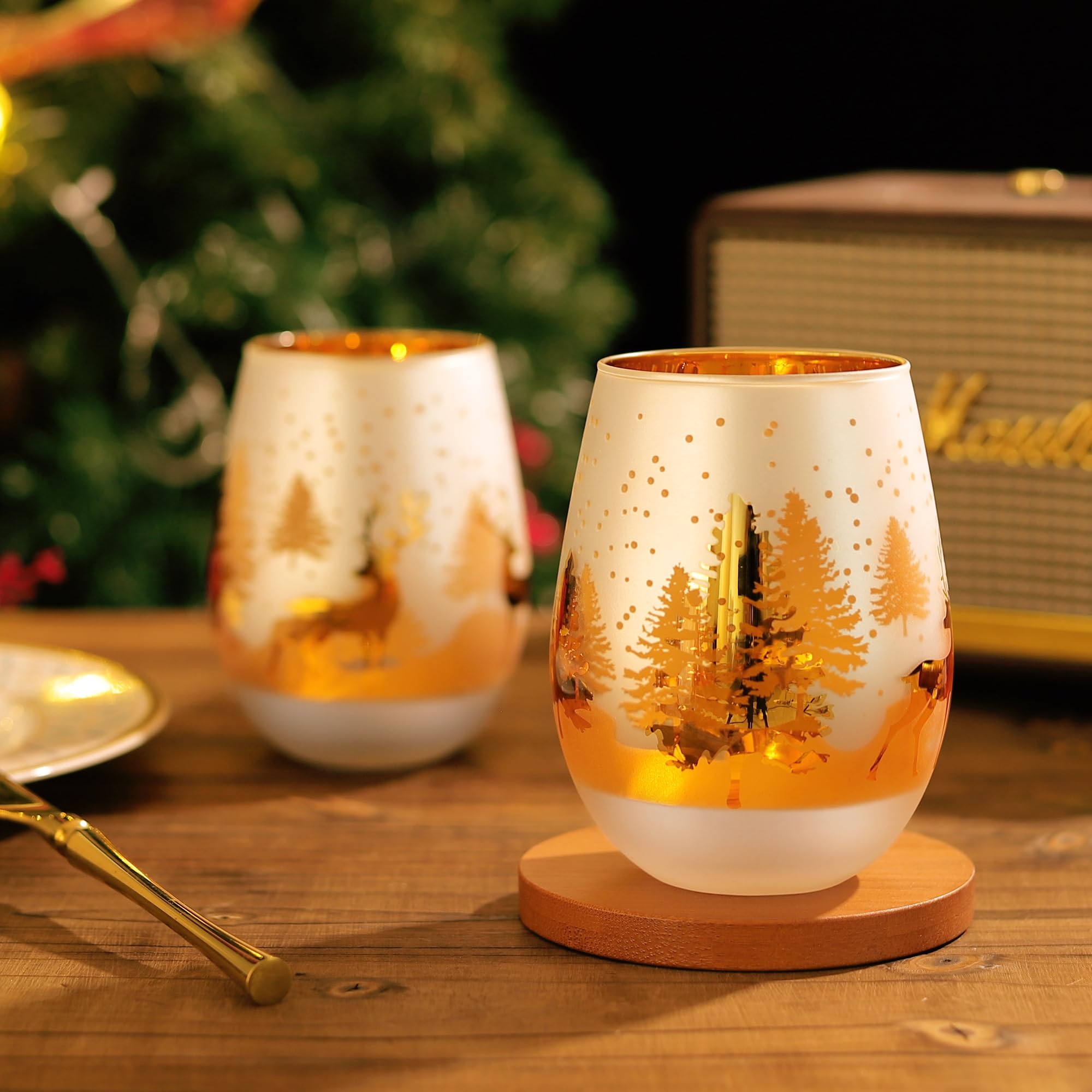 Set 4 Bicchieri Da Vino Senza Stelo LemonRoad Natale, 350 Ml, In Vetro Soffiato Con Albero Di Natale, Per Succhi, Cocktail, Regalo Festivo - 3
