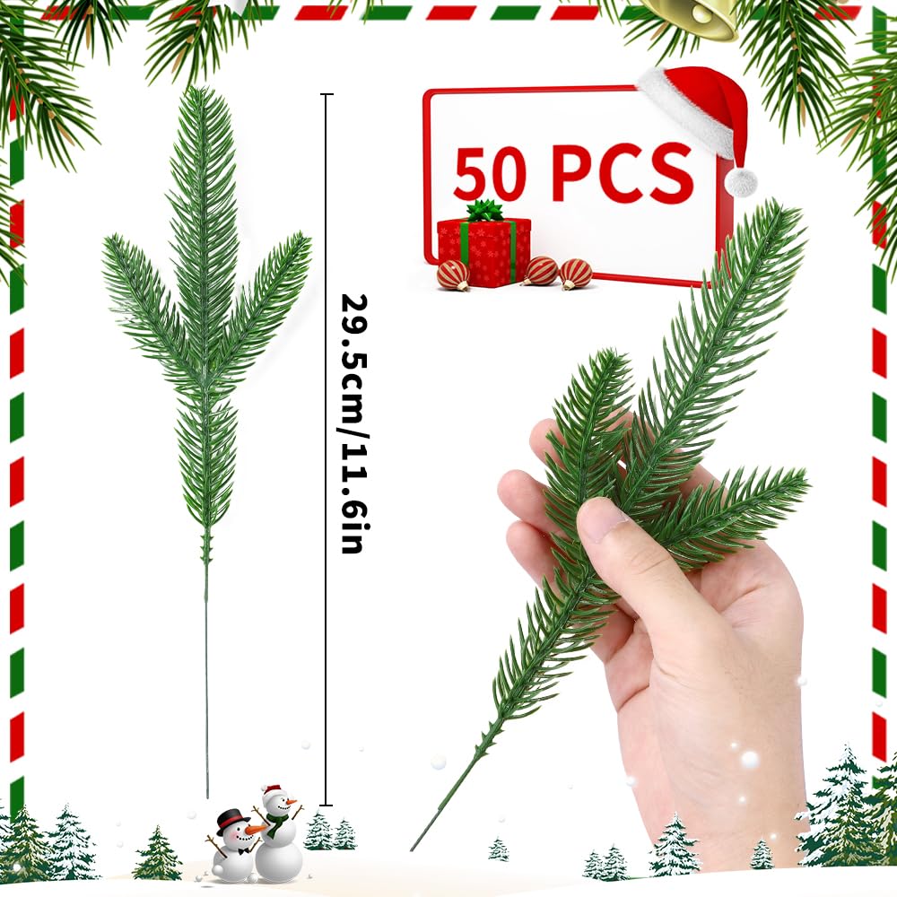 Vellibring 50 PCS Artificial Pine Branches Christmas Faux Pine Greenery Stems Fake Cedar Pine Needles Picks for Christmas Tree Wreath Garland DIY Crafts Holiday Home Decoration