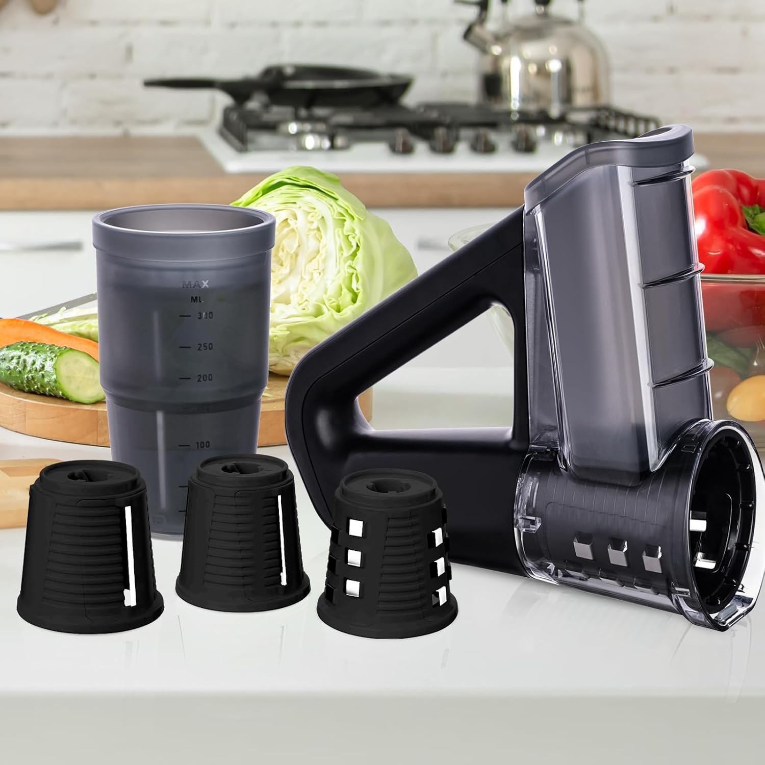Electric Vegetable Slicer with Container – Handheld Rotary Grater Salad Cutter & Food Chopper | 3 Interchangeable Blades for Onion, Garlic, Carrot & Cucumber | Compact Kitchen Tool (Black)-image-26