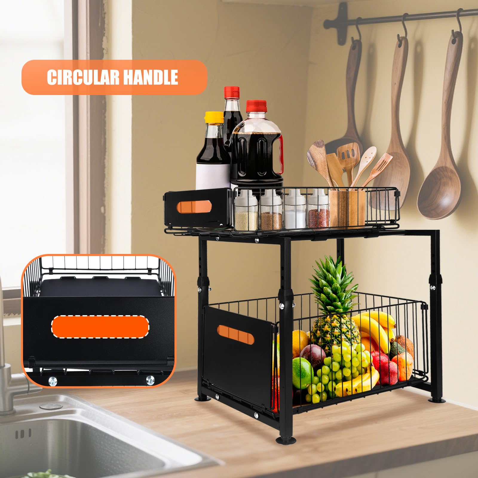 OHMG Organiseurs de Placards,Bac de Rangements sous Evier 2 Niveaux Organisateur Coulissant avec 2 Tiroirs Porte-épices pour Comptoir de Cuisine Organisateur pour Salle de Bain, Cuisine, Bureau