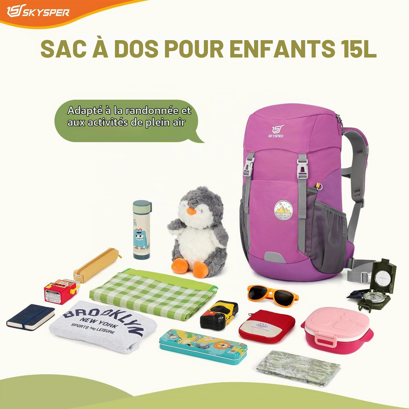 SKYSPER Sac à Dos Enfant 15L Cartable Maternelle pour Fille Garçon Grande Capacité Sac Maternelle Garçon pour Randonnée Voyager école 6-12 ans