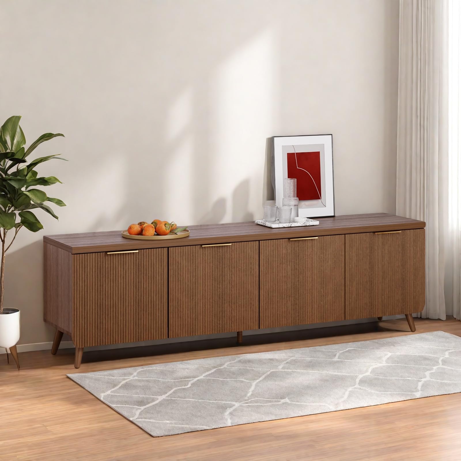 FONTOI TV Stand for Living Room, Fluted Television Cabinet with 4 Stripe Doors, Modern Entertainment Center for 55/60/65 inch TV, Media Console with Wooden Legs & Metal Handles, Walnut