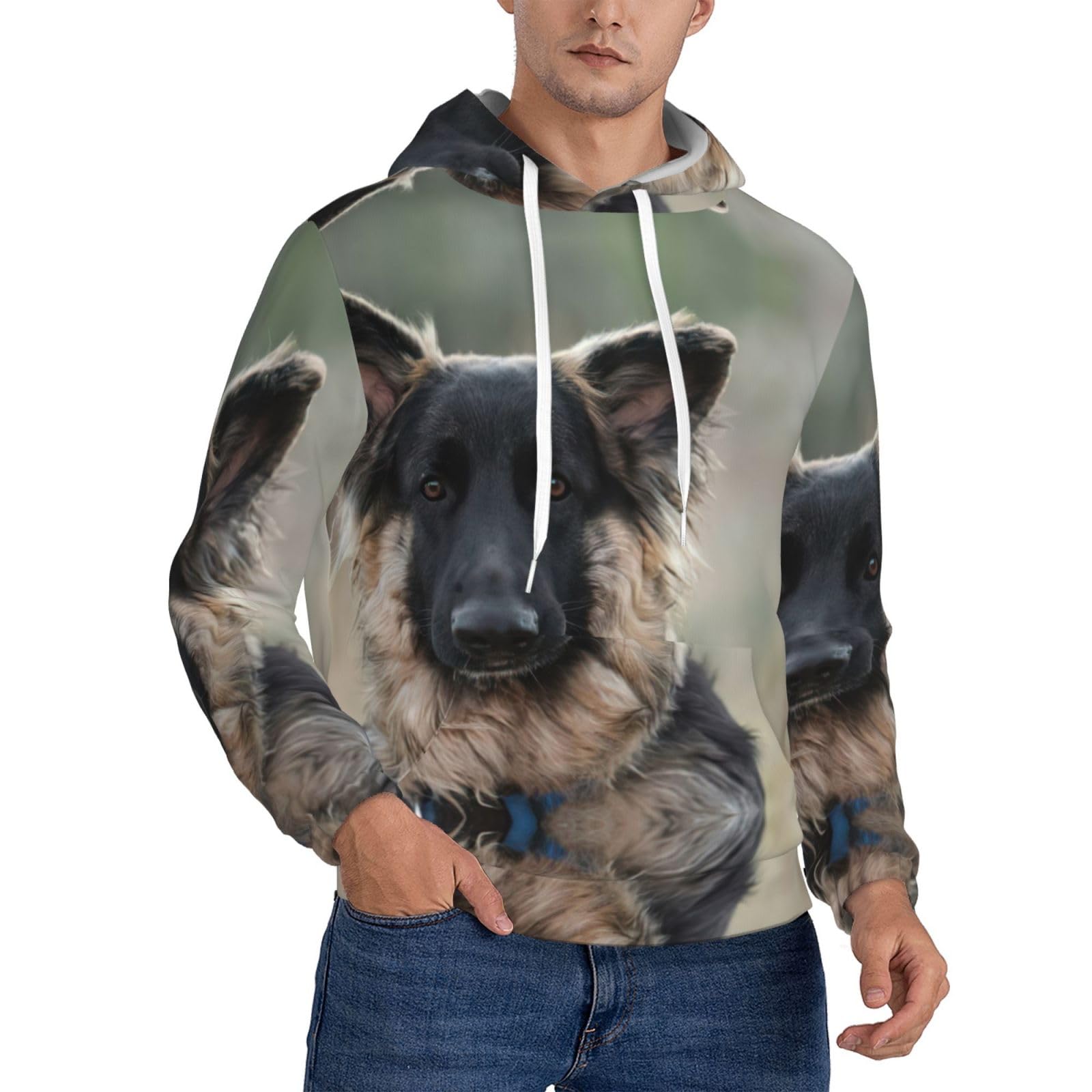 EdWal Animal German Shepherd Print Men'S Hoodie,Comfortable Pullover Sweatshirt For Men,Drawstring Casual Hooded Sweatshirts Black