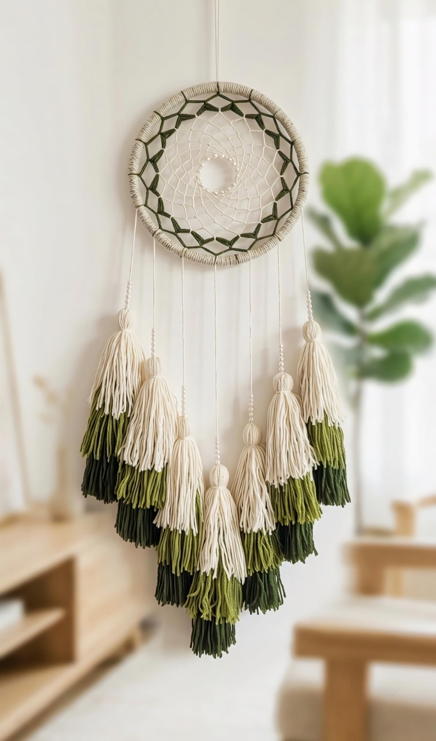 Dream Catcher Wall Decor Cream, Olive Green & Dark Green, 8 Inch, 24 Inch Length-image-25