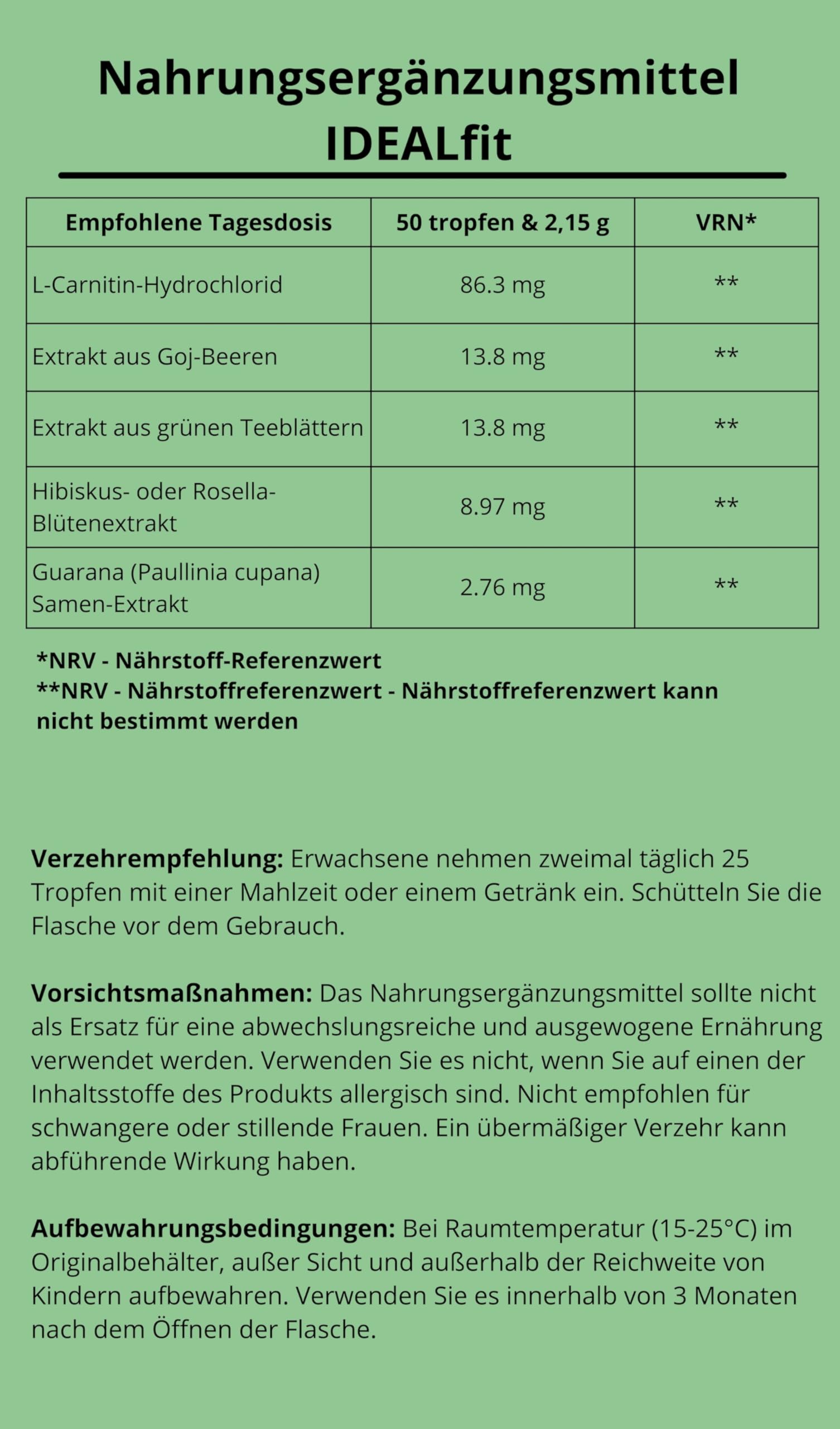 IDEALFIT tropfen von Idealica 100% natürliche Tropfen zum Abnehmen | Gewichtskontrolle und Appetitunterdrückung | L-Carnitin | Goji-Beeren | 20ml