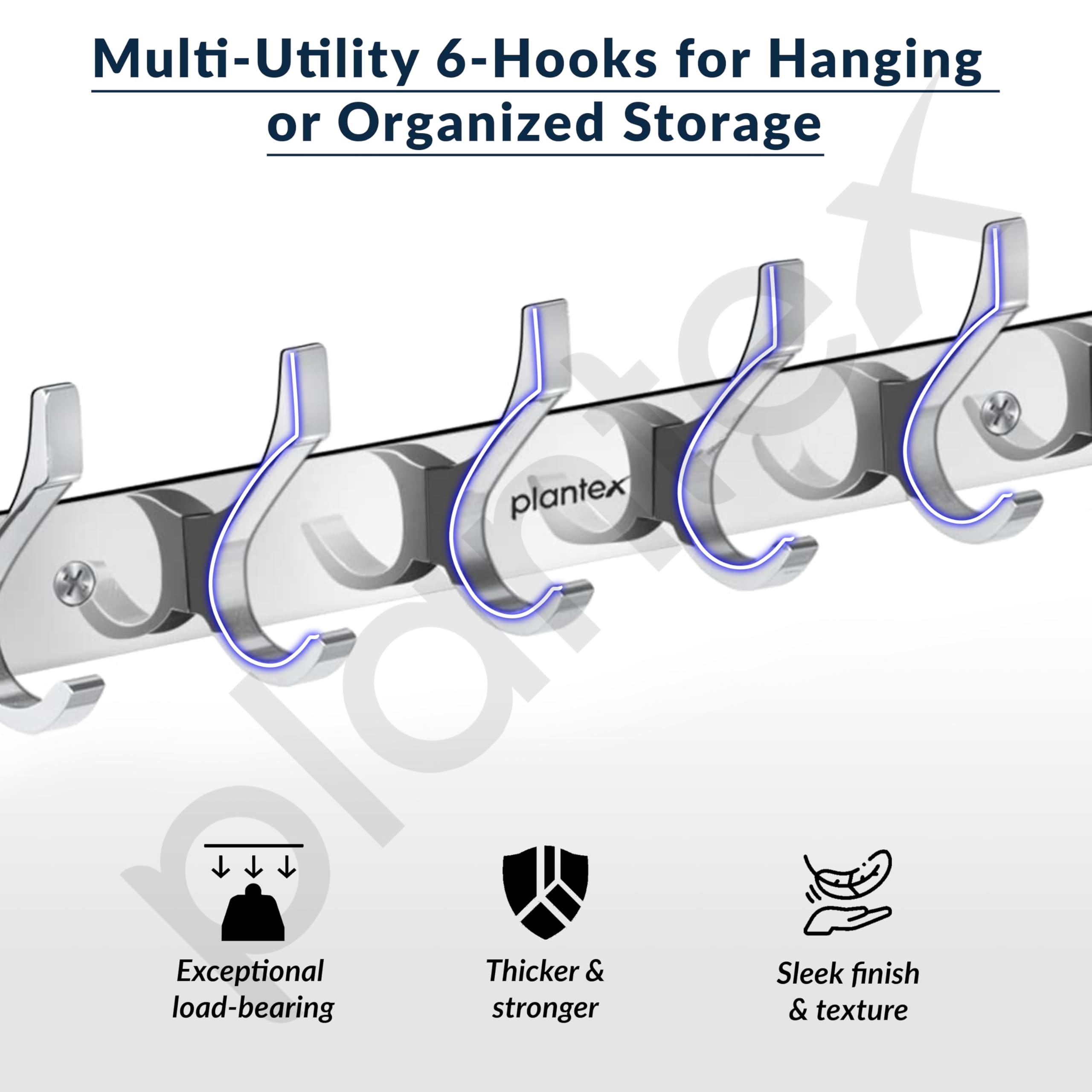 Plantex Aluminum Hook Rail with 6 Hooks for Bathroom/Kitchen- Door Hanger for Clothes/Towel - Pack of 3 (6 Hooks, Chrome)
