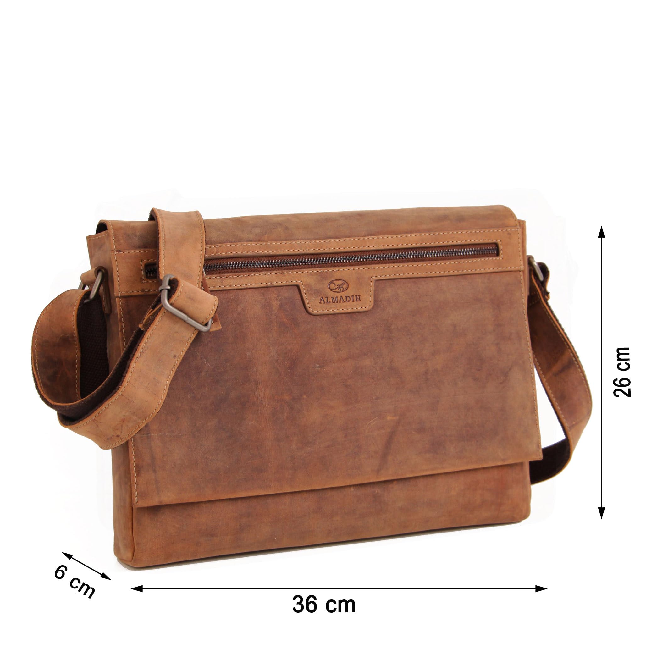 ALMADIH Leder Umhängetasche braun Vintage aus Rindsleder - Ledertasche mit gepolstertem Laptop Fach, Leder Messenger Unitasche Büchertasche Schultertasche Freizeittasche