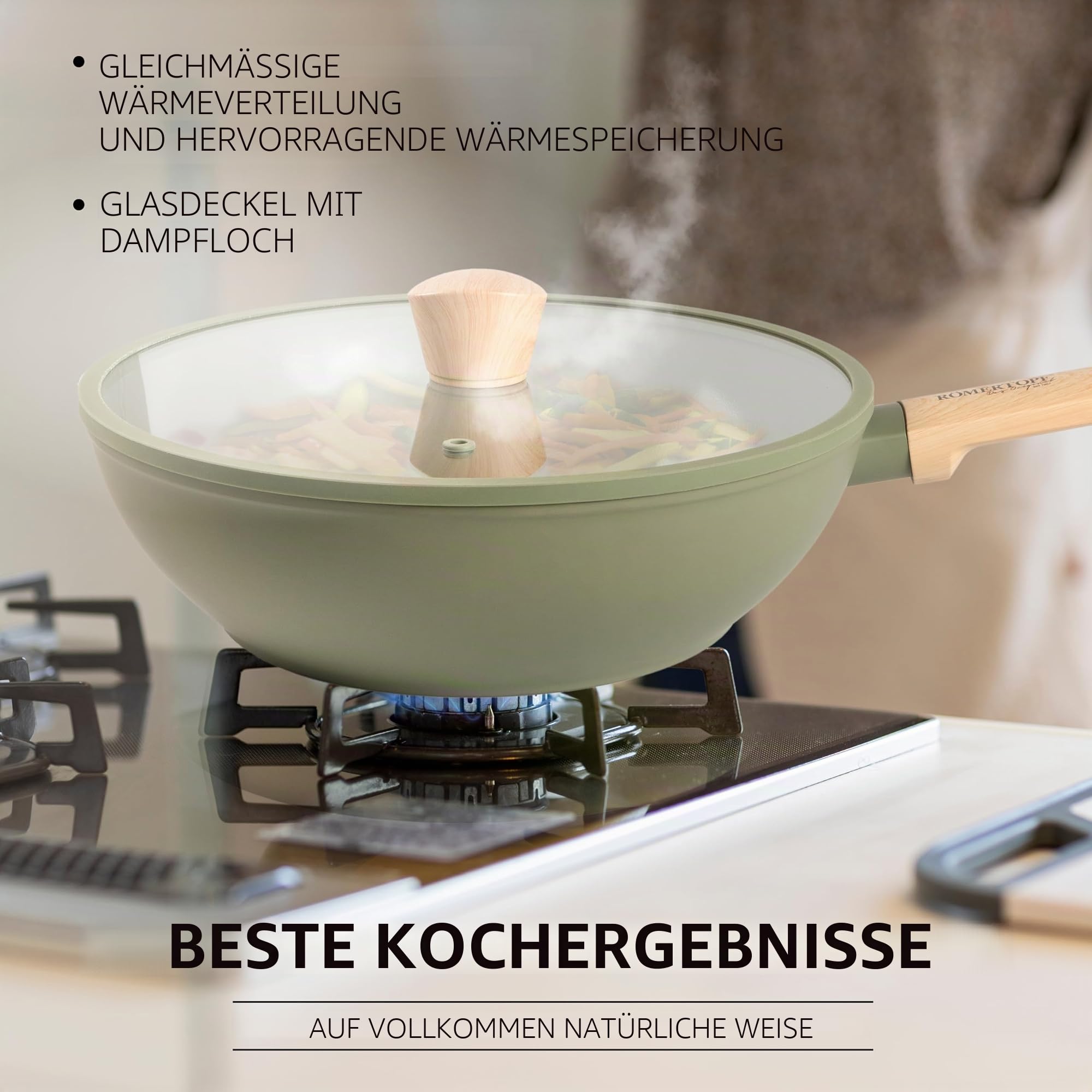 Romertopf Wok 28 cm mit Glasdeckel, 3,52 l Fassungsvermögen, Aluminium mit Keramik Antihaftbeschichtung, für alle Herdarten inklusive Induktion geeignet, grün