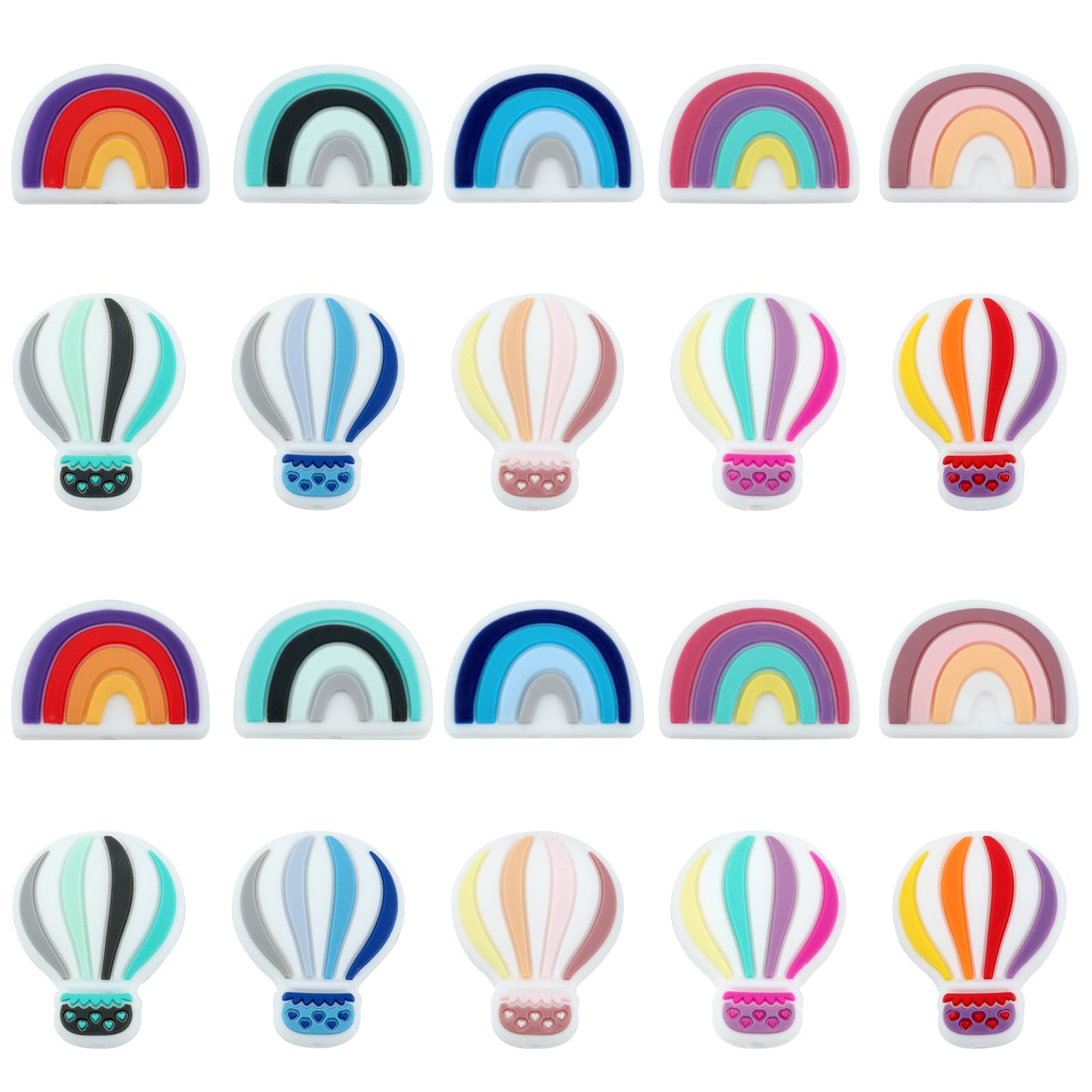 HUAAPLEVLA 20Pcs Rainbow&Hot Air Balloon Silicone Beads Pen Beads Silicone Focal Beads for Beaded Pens Keychain Making Bracelets DIY