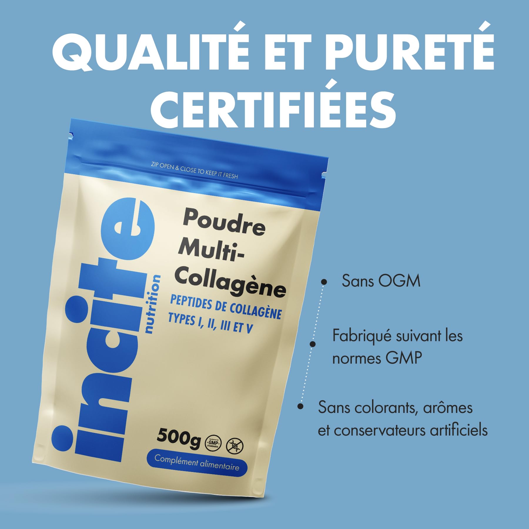 Incite Nutrition Multi Collagène Poudre Non Aromatisée 500 g. Source de Collagene Types 1, 2, 3 et 5. Complément pour la Peau, les Articulations, les Os, les Cheveux et la Récupération Musculaire.