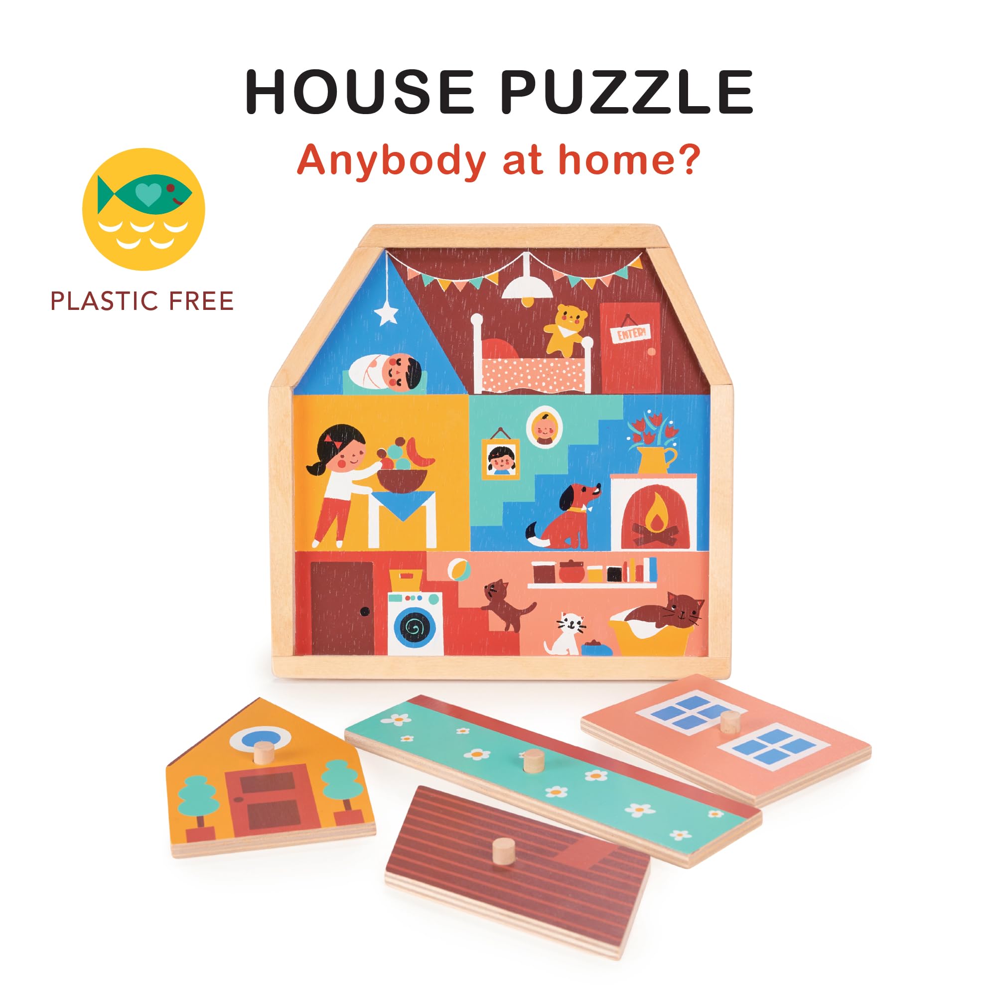 Mentari Toys - House Puzzle - 5pc Engaging Wooden Peg Puzzle for Toddlers - Learning Toy with Vibrant Illustrations - Improve Hand-Eye Coordination and Visual Perception - Age 2+
