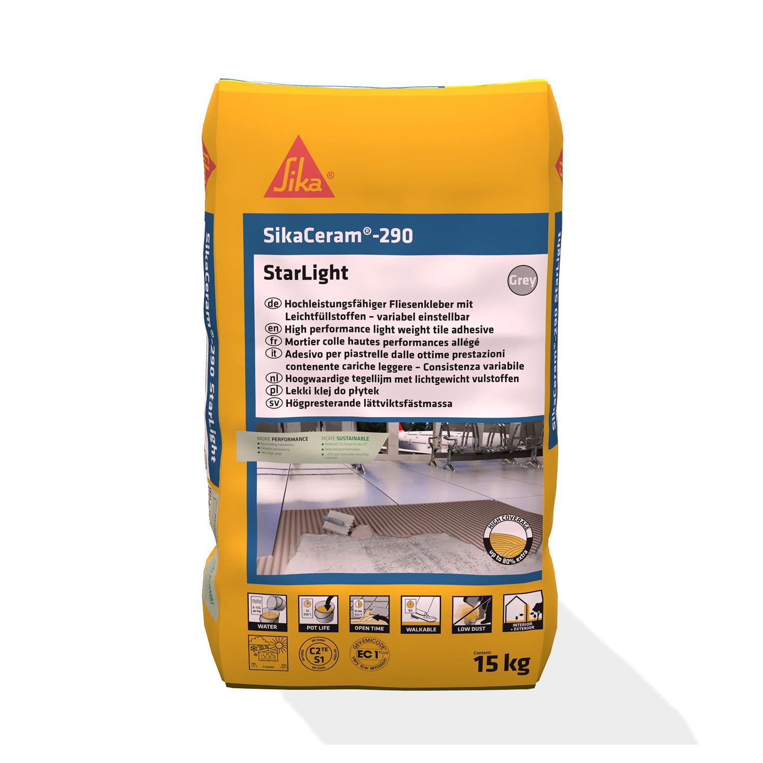 SIKA - Fliesenkleber - SikaCeram-290 Starlight - Grau - 15kg | Für Wand und Boden - Innen & Außen - Geeignet für Großformate - Frostsicher - Starke Haftung