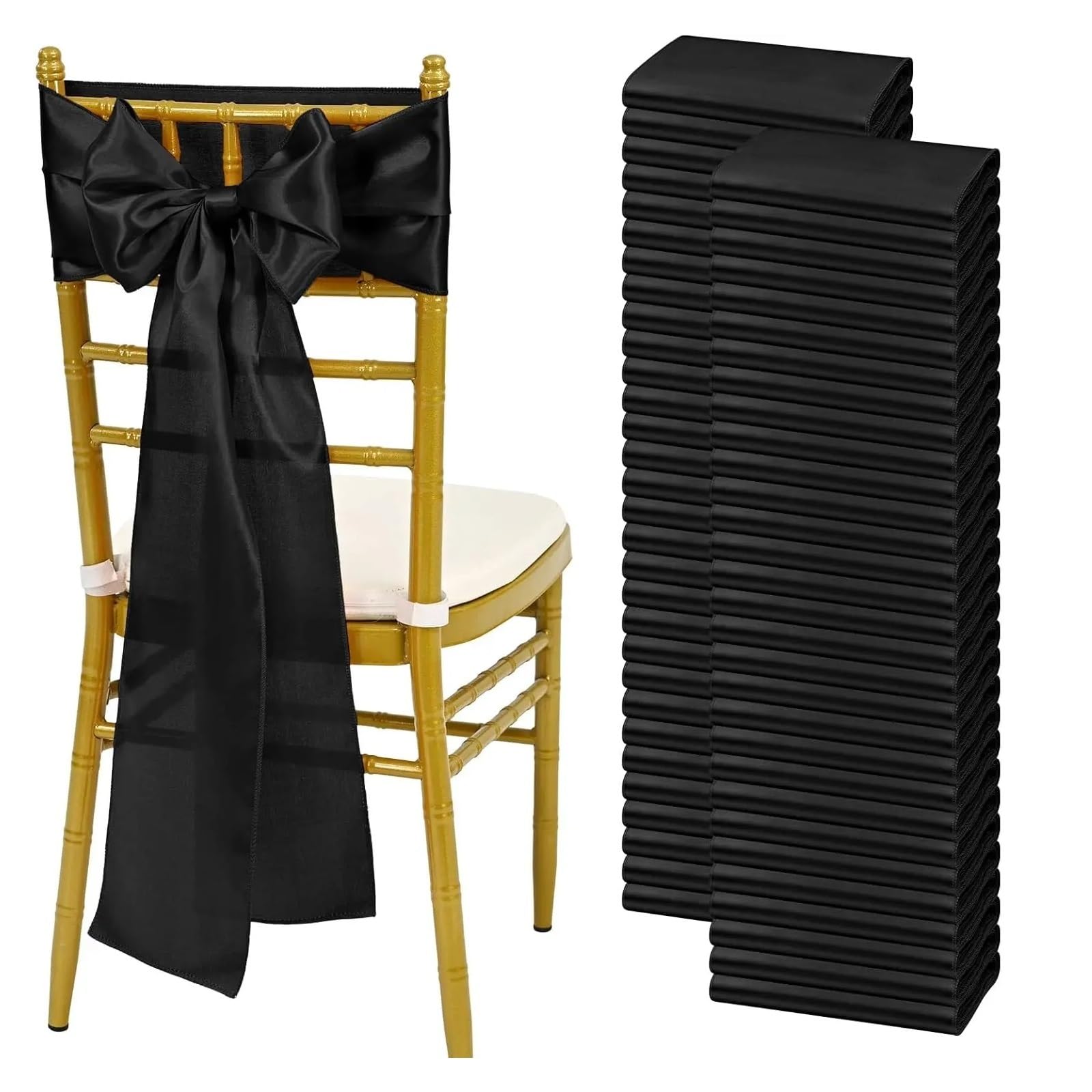 YGSGJSP Chair Sashes 10/50PCS Satin Chair Sashes Bows Universal Ribbon Ties Back Sash for Wedding Party Events Banquets Cover Decoration for Wedding(Black,50pcs)