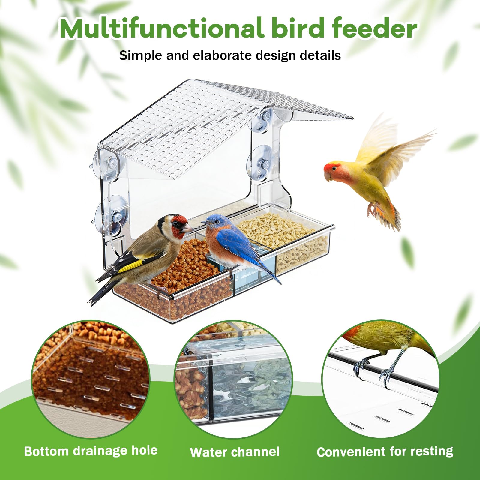 Window Bird Feeder, Clear Outdoor Bird House with 4 Strong Suction Cups & Removable Seed Tray, 3 Compartment Design with Drainage Holes, Ideal as a Birdwatching Gift, Outdoor Bird Feeder, and Garden D - 3