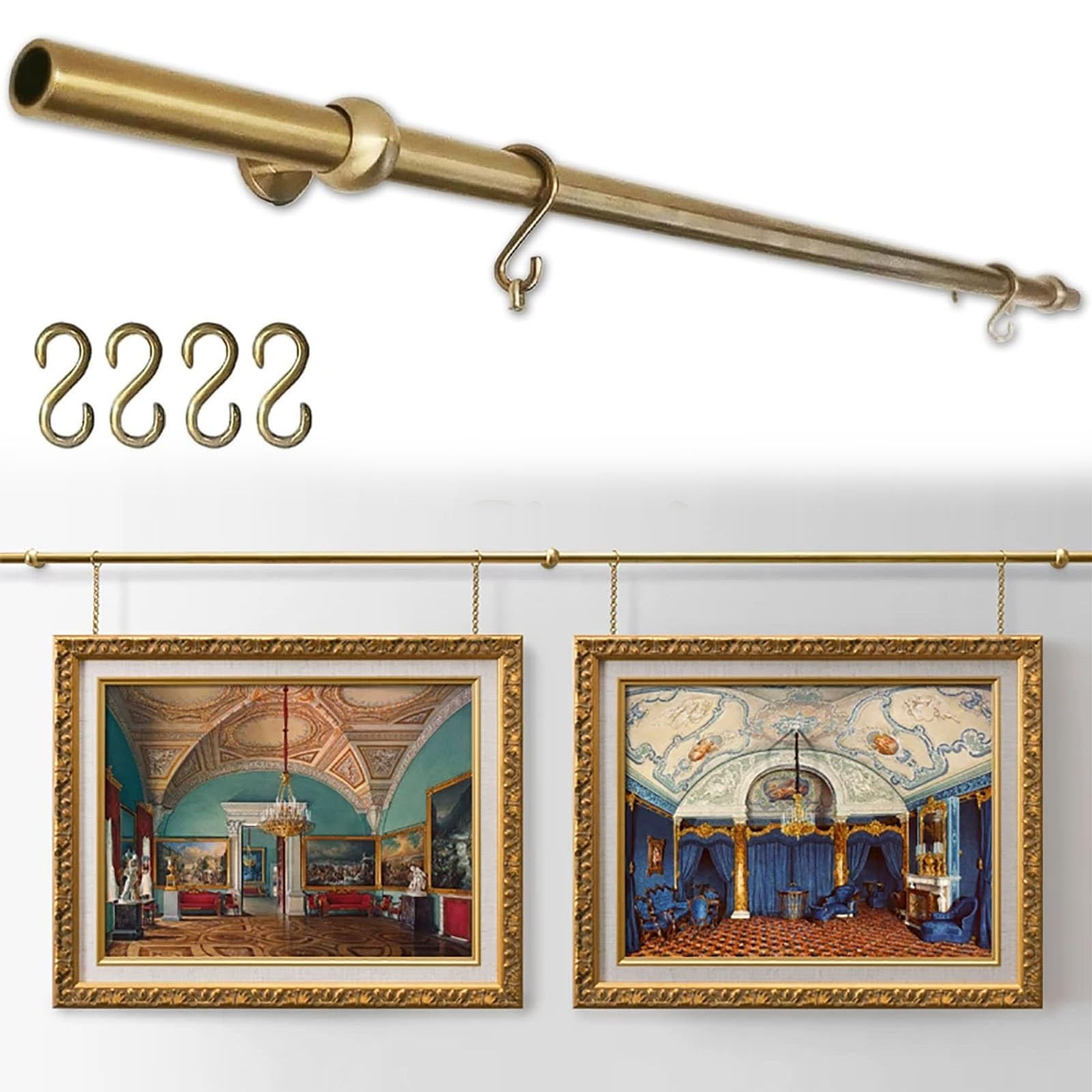 Zhoudong Brass Rod Picture Rail Hanging Kit, Gallery Museum Photos Display System, Adjustable Wall Art Track, Heavy Duty Pictures Frame Hanging Rail(70cm)
