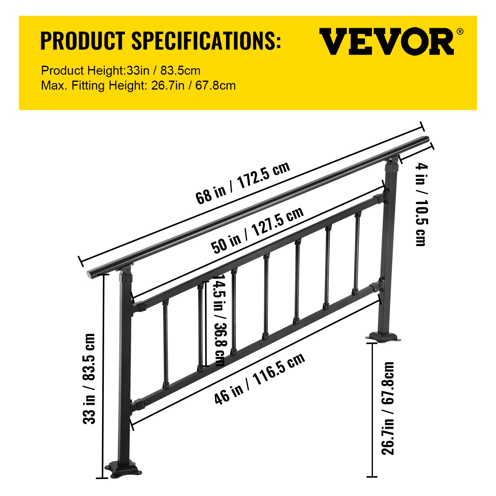 VEVOR Outdoor Stair Railing, Fits for 14 Steps Transitional Wrought Iron Handrail, Adjustable
