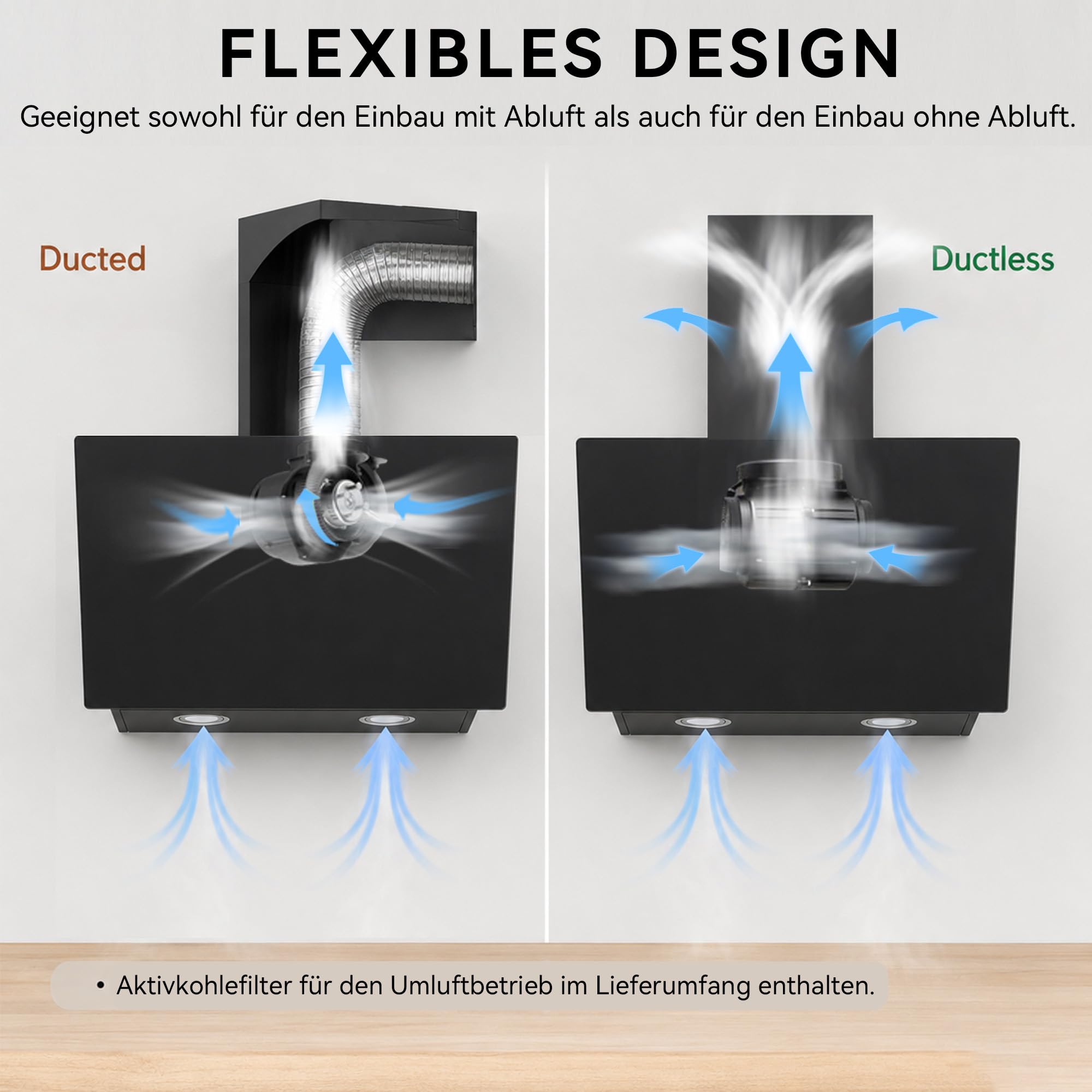 Dunstabzugshaube Schräghaube 60 cm A+++ 416 m³/h 58 dB Leise Touch- & Gestensteuerung Abluft/Umluft LED Schwarz