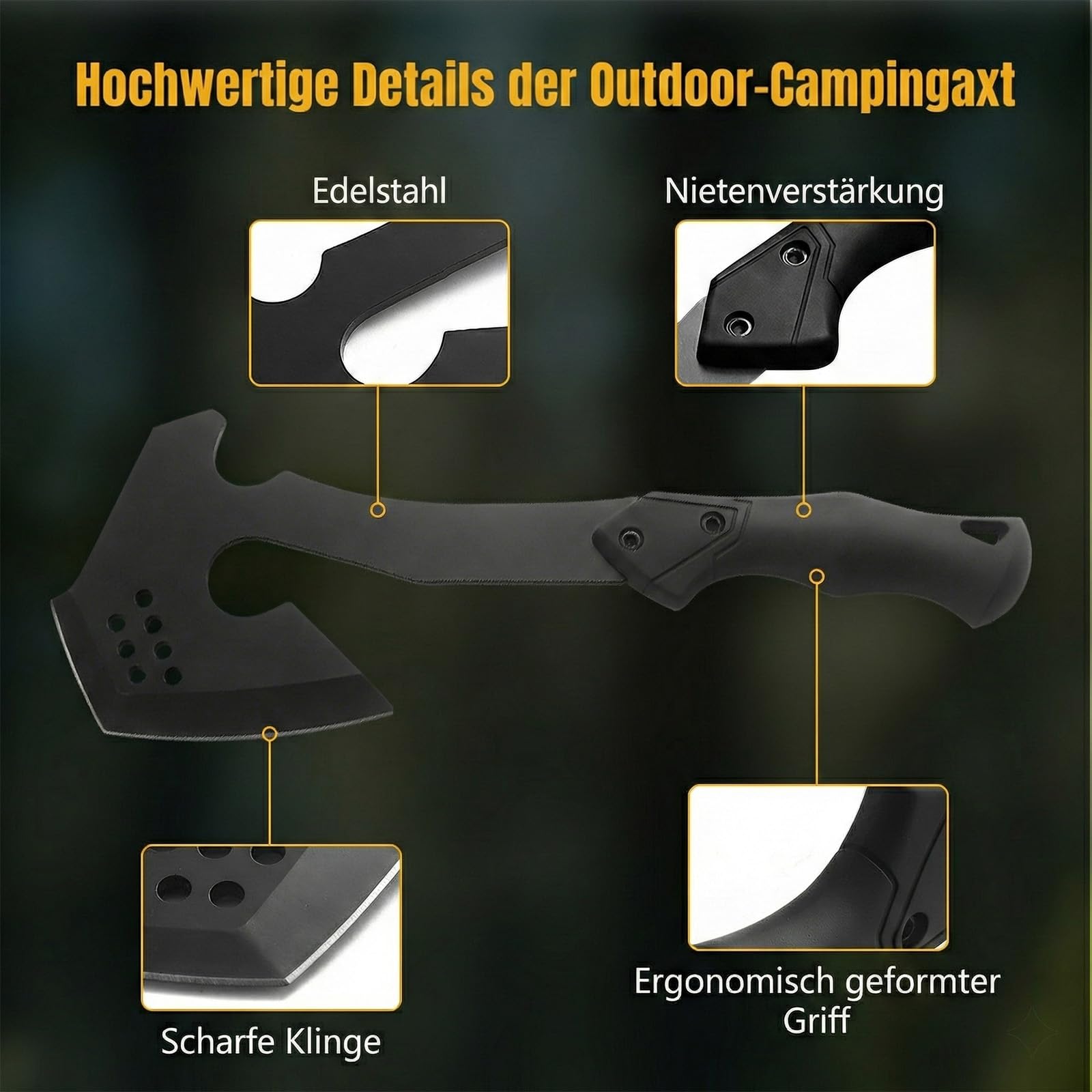 ISEYOU Campingbeil Axt Klein - Outdoor Handbeil aus 420 Edelstahl mit Nylonscheide - Scharfes Spaltbeil für Brennholz, Garten & Bushcraft - Robustes Universalbeil & Trekking Beil