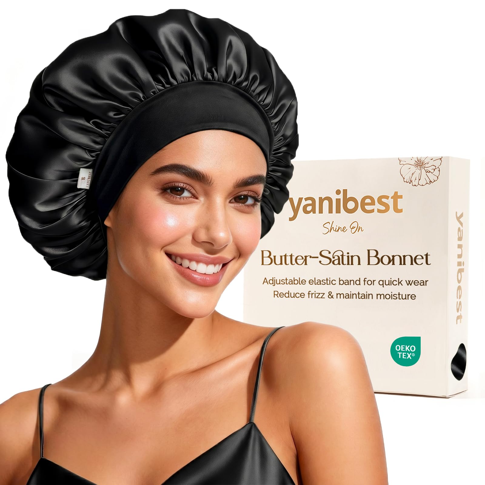 Yanibest Women's Black Silk Bonnet For Sleeping Double Layer Hair Satin Bonnets With Elastic Band, Sleep Cap Curly Natural Hair