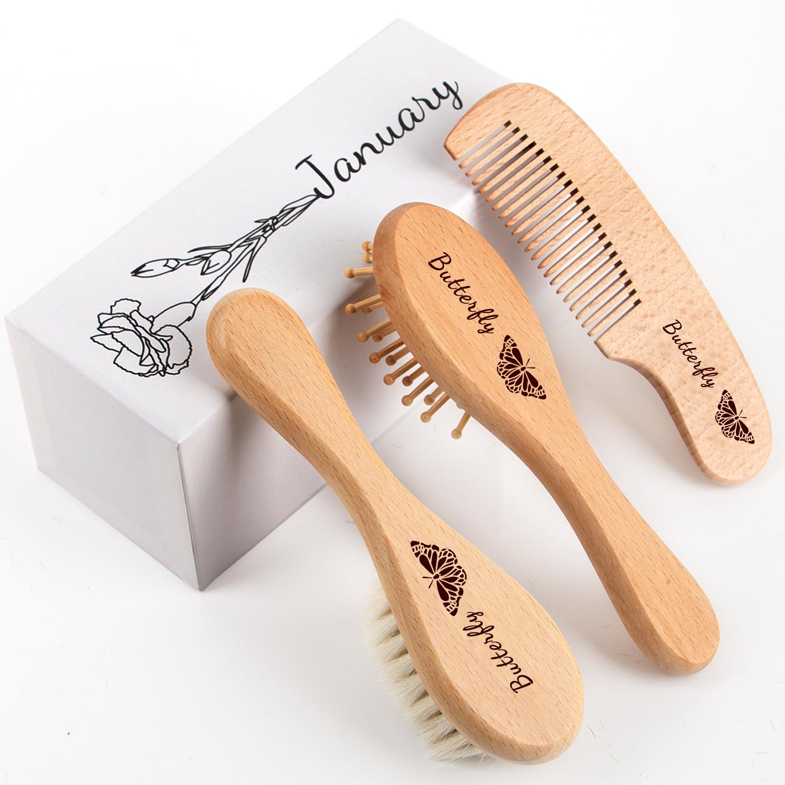Personalized Baby Hair Brush & Comb Set with Soft Goat Bristles,Custom Laser Engraved Name,Newborn Grooming Kit with Birth Flower Gift Box (January)