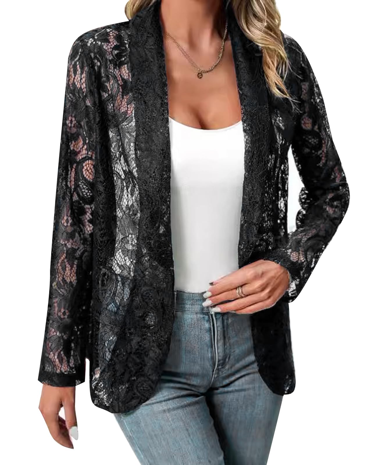 mintlimit Women Lace Open Front Button Down Sheer Mesh Blazer Elegant 3/4 Sleeve Casual Blazer-picture-33