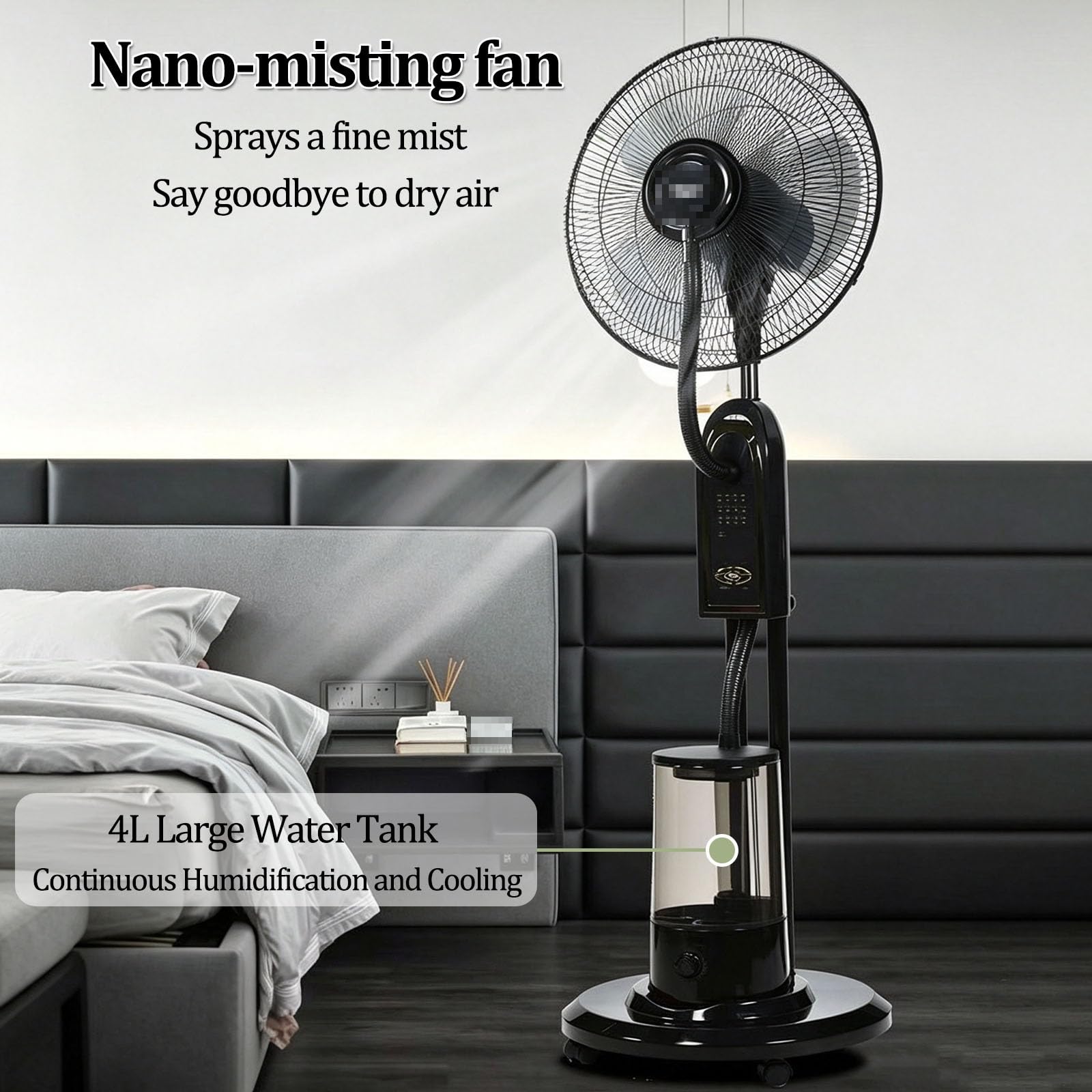 Ventilatore a piantana con nebulizzatore da 16 pollici | Con serbatoio dell'acqua da 4 L, timer da 7,5 ore, 3 velocità del vento, telecomando e pannello di controllo(A)