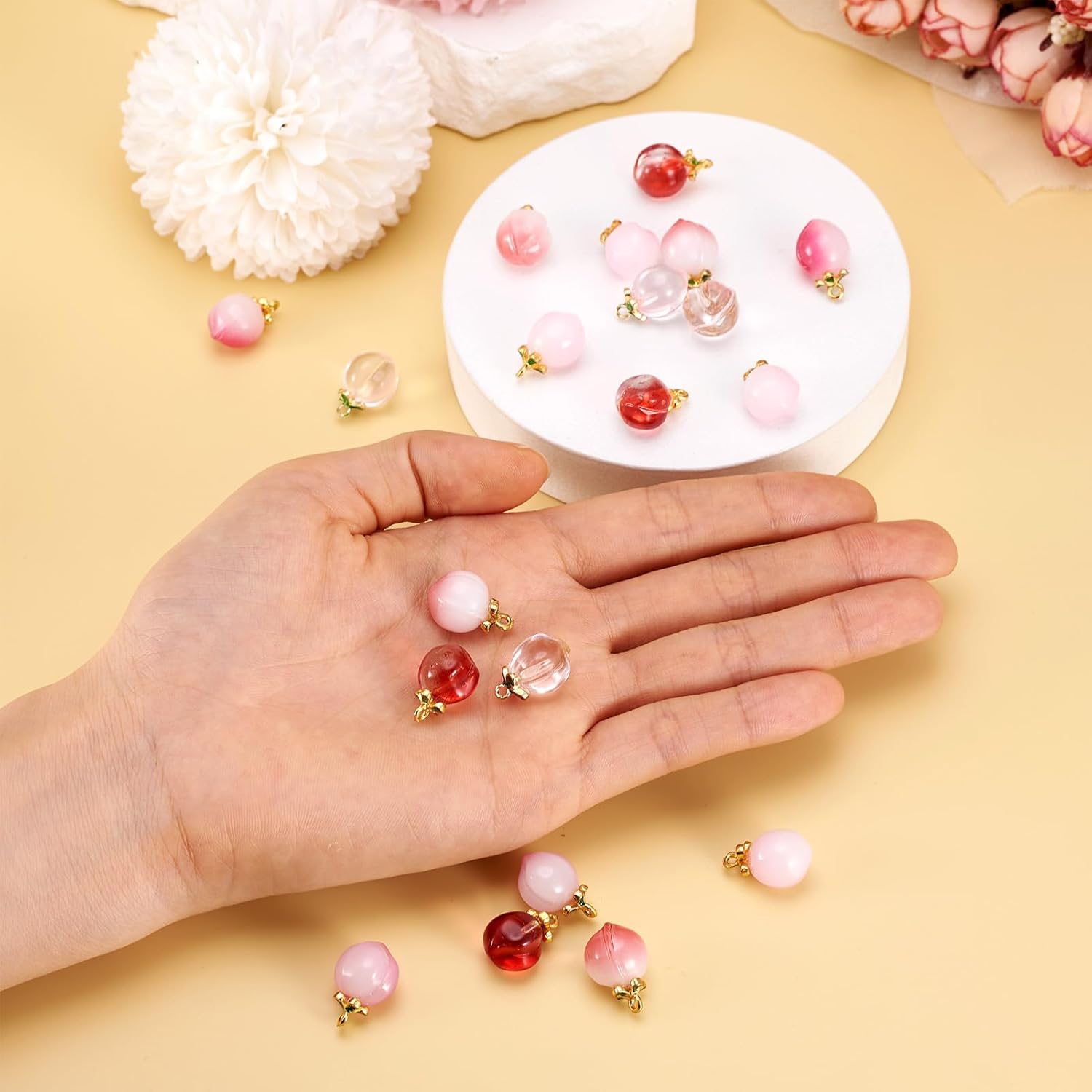 Beadthoven 20Pcs Peach Glass Crystal Charms Colorful 3D Peach Charms Bulk Mini Cute Fruit Dangle Charms Pendants with Golden Alloy Finding for DIY Crafts Jewelry Making Necklace Earring Bracelet - Image 6