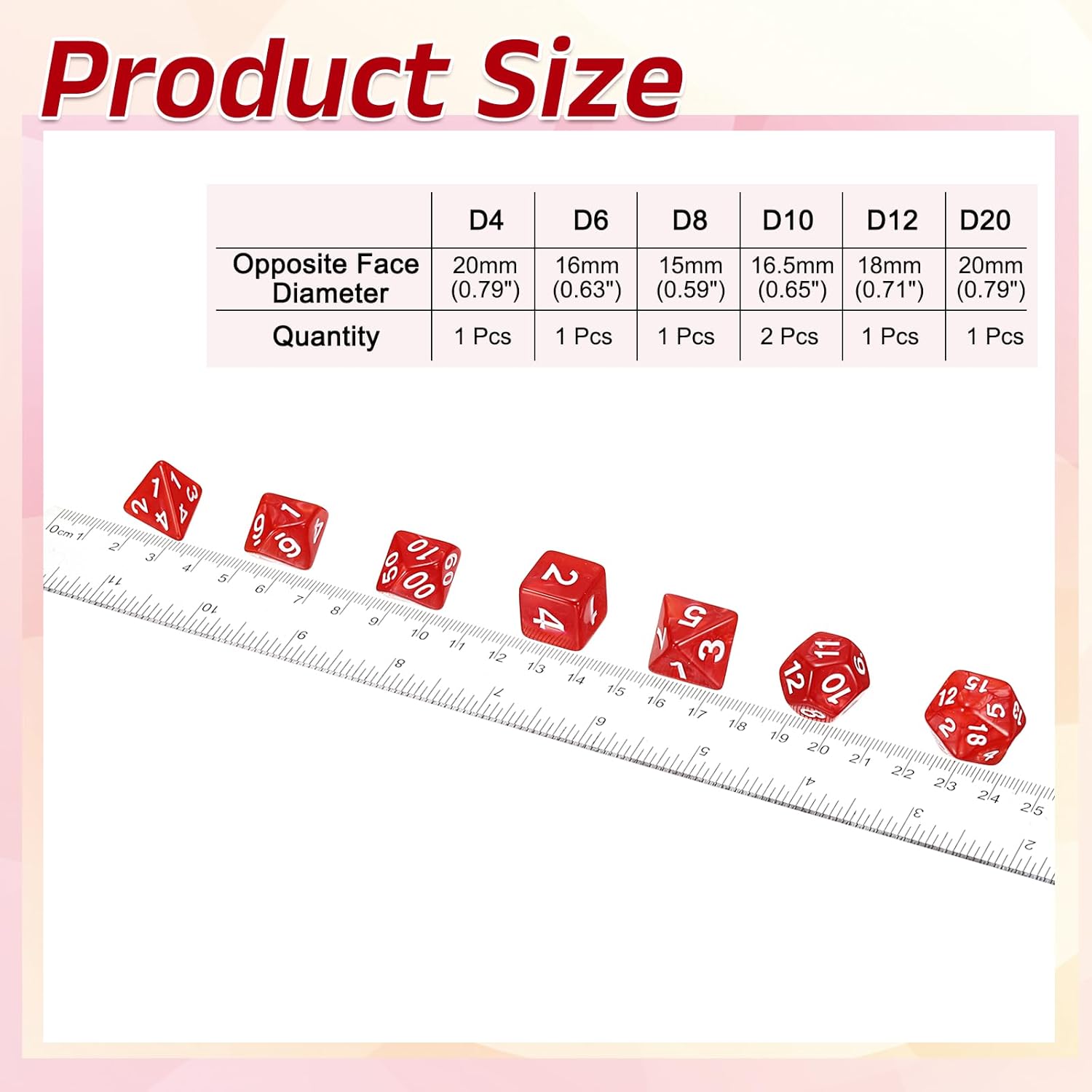Polyhedral Dice Set, 7 Pieces Acrylic Dice for Role Playing Games and Table, Table Games Accessories, Red Pearl Style