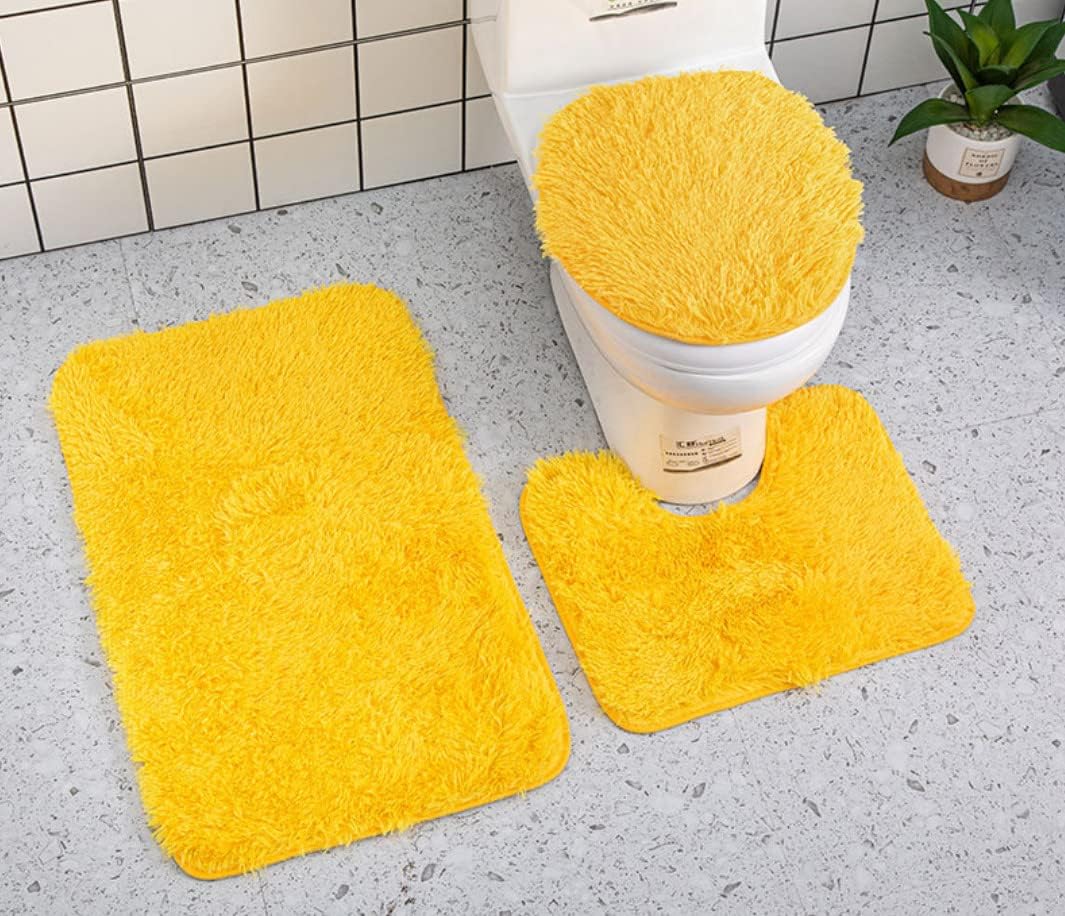 HIQUAY Yellow Bath Mat Rug 3 Piece Set Solid Color Toilet