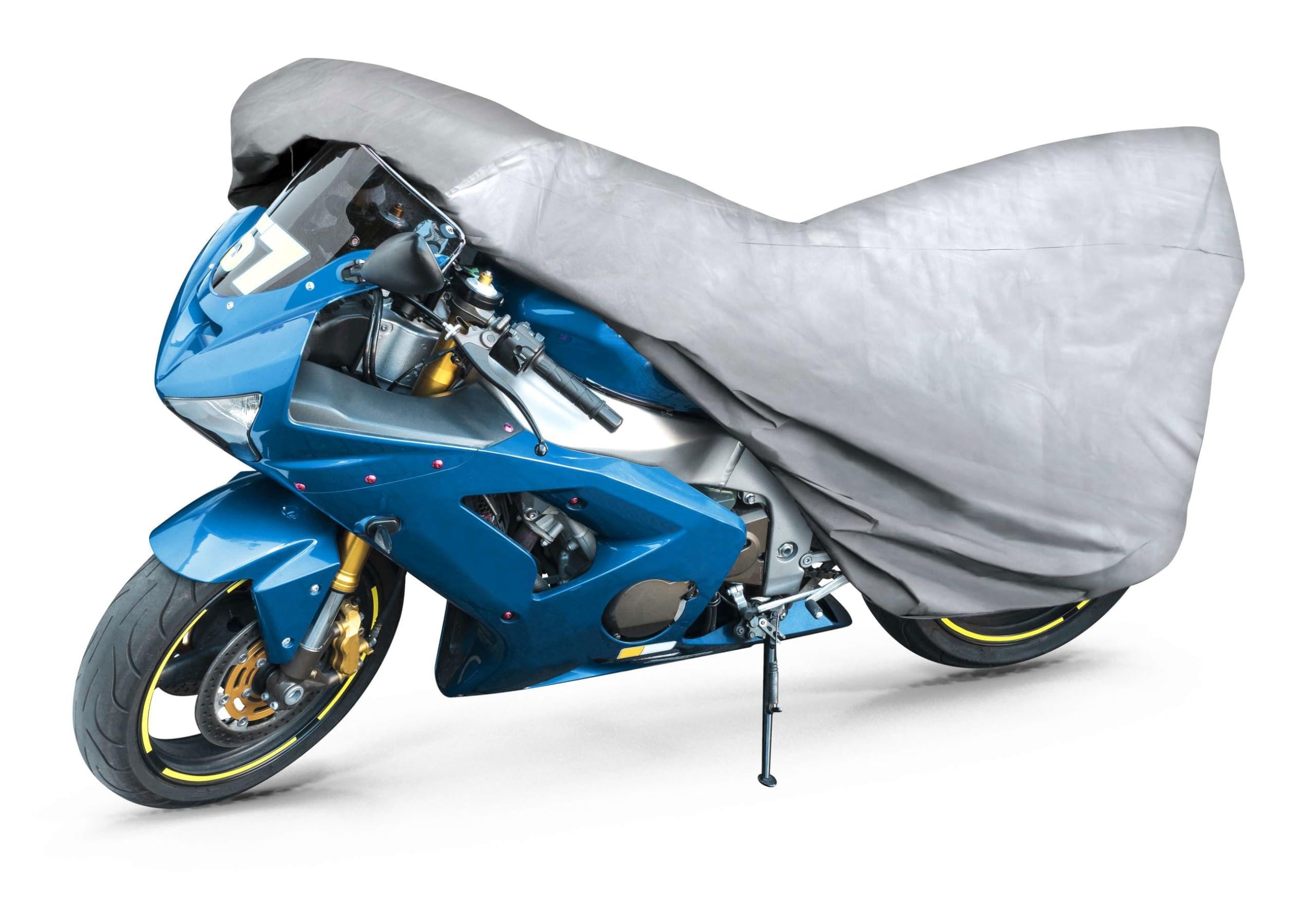 Motorrad Abdeckplane All Weather M, 100% wasserdichte Outdoor Motorrad Plane Ganz-Jahres-Schutz, Abdeckplane Silber 215x95x120 cm