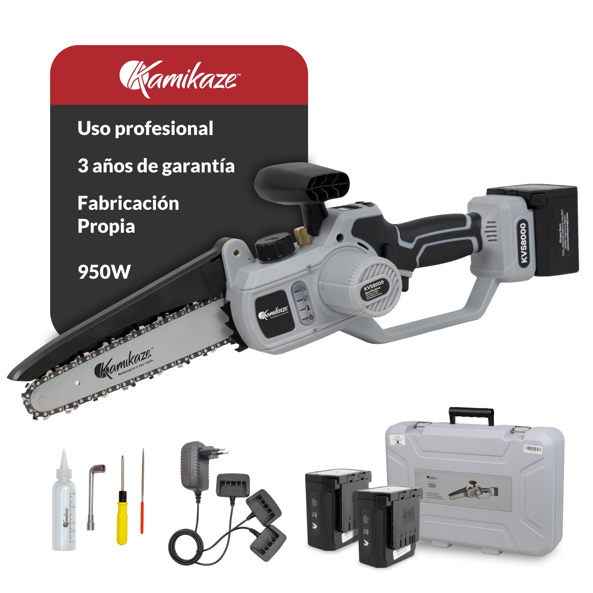 KAMIKAZE Mini Motosierra Eléctrica a Batería - Portátil, 300W, 2 Baterías de 21V 4Ah, Carga Rápida, Mango Ergonómico, Sistema de Seguridad, Corte Ø160mm, Incluye Maletín y Aceite Lubricante