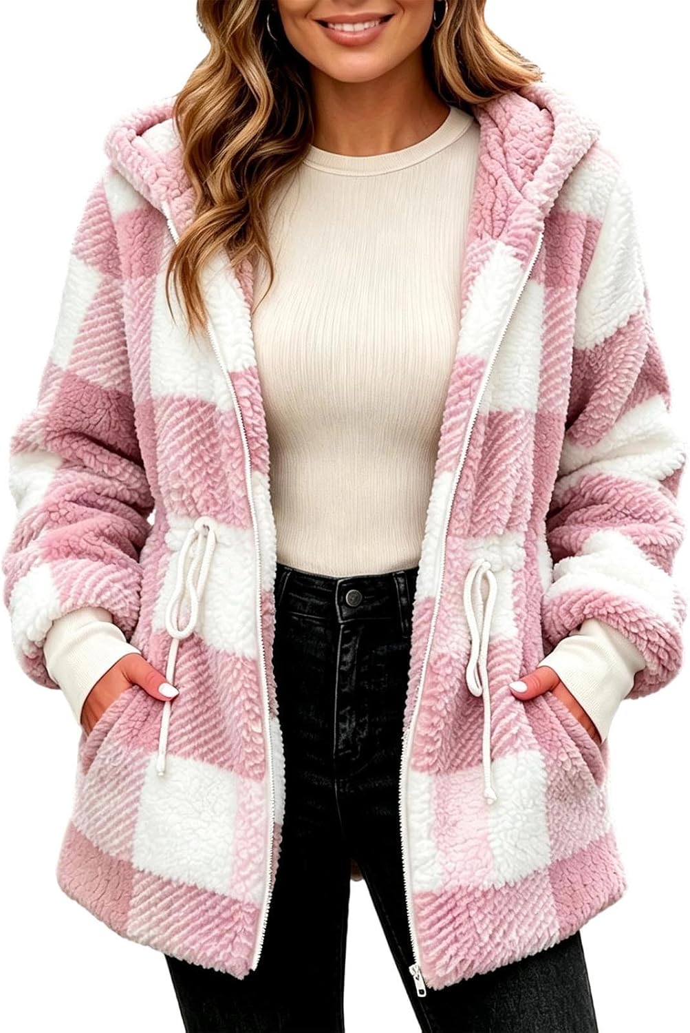 Women's Plaid Fleece Jackets Zip Up Fluffy Winter Coats Outerwear