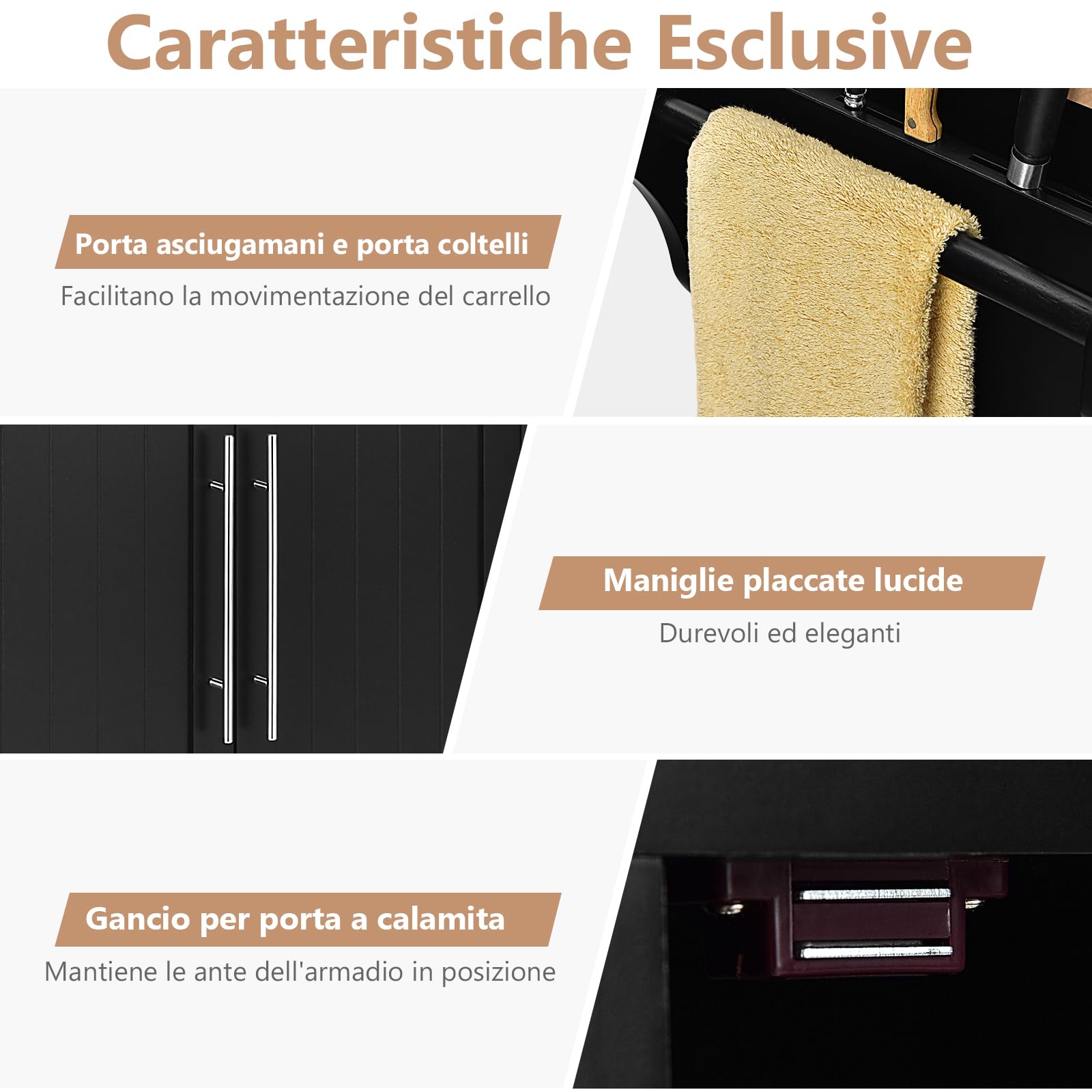GYMAX Credenza Mobile su Ruote, Carrello Cucina a 3 Ante con Maniglia, Ripiano Ragolabile in Altezza, 2 Cassetti, 6 Cubi Portaoggetti, Portasciugamani, 122x46x92,3 cm, Bianco (Nero)