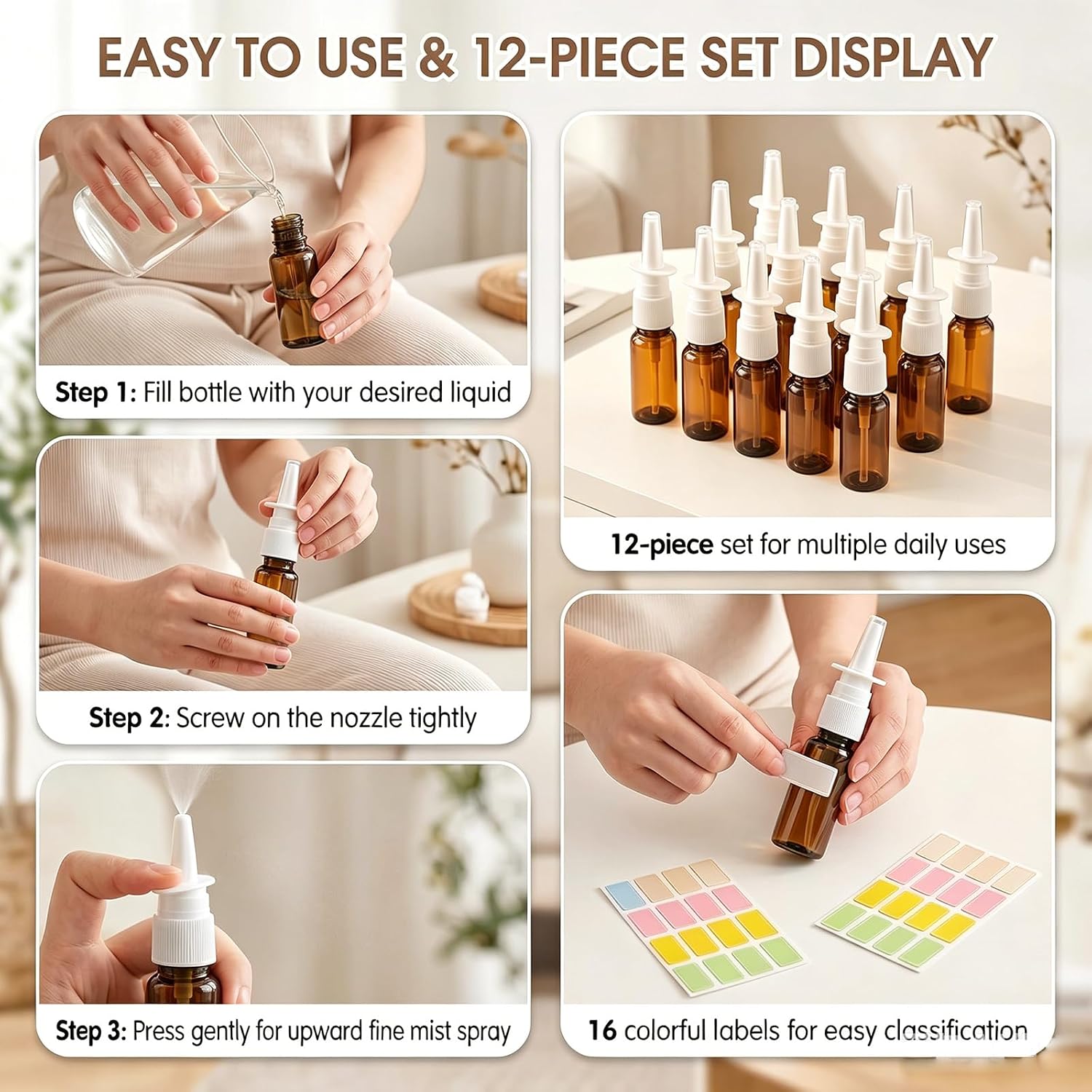 12 Pcs 0.5oz Empty Plastic Nasal Spray Bottles Amber for Travel