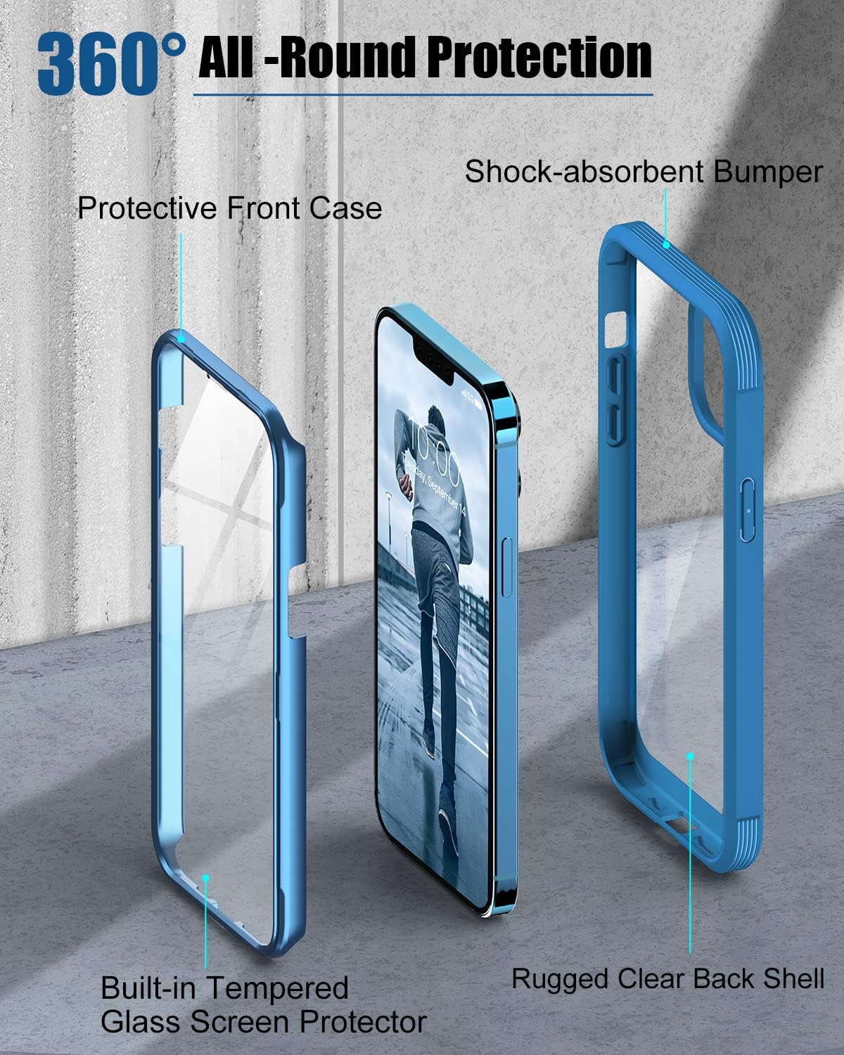 Diaclara Designed for iPhone 13 Mini Case, Full-Body Rugged Case with Built-in Tempered Glass Screen Protector, Shockproof Protective TPU Bumper Case Cover for iPhone 13 Mini 5.4'' Clear and Blue