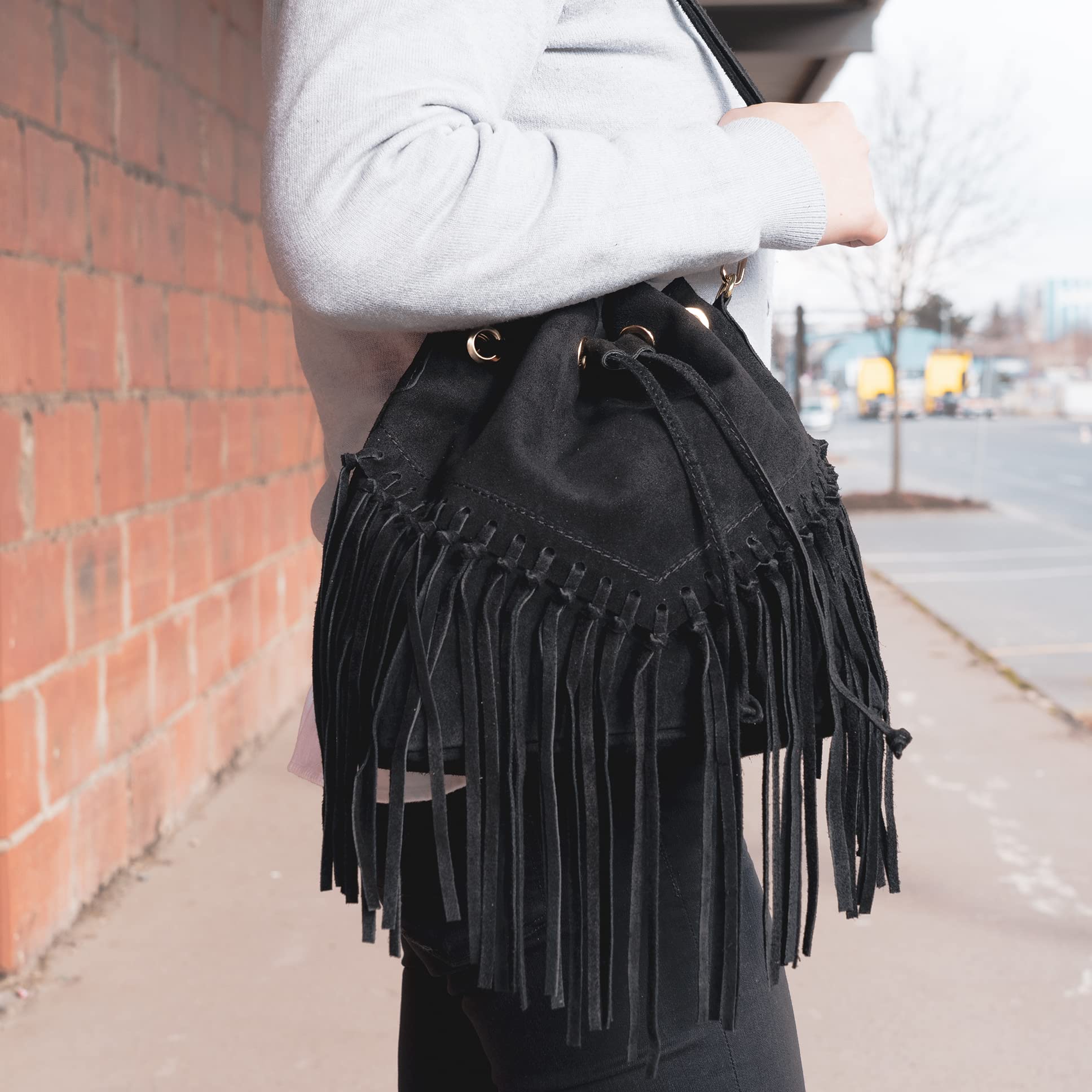 modamoda de T239 - Bolso bandolera para mujer de ante con flecos, fabricado en Italia