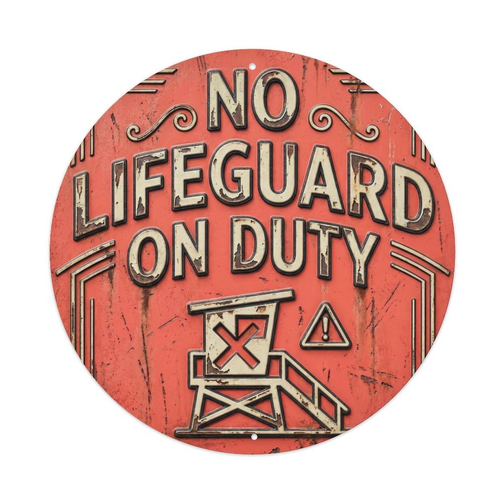 No Lifeguard On Duty Aquatic Safety Rules Retro Pool Metal Tin Sign Plaque Wall Decor for Cafe, Man Cave, Club Bar, Office, Home Garden Round Metal Poster 8x8Inch