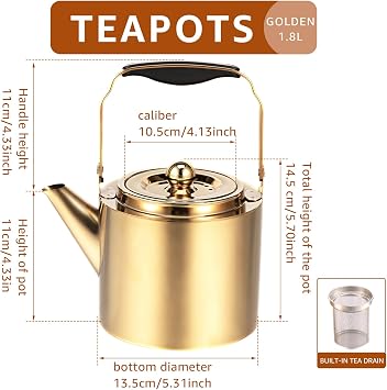 Stainless Steel Tea Pot with Infuser 1.8L Stovetop Tea Kettle Household Stainless Steel Teapot Stove Induction Kettle for Gas Hobs, Stovetop, Induction and Electric Hobs(Gold)