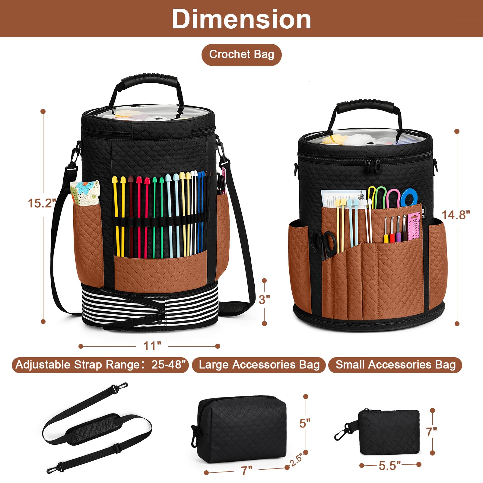 IBFUN Häkelgarn, Stricktasche, 3 Stück, erweiterbarer Garnaufbewahrung, Organizer, Häkeltasche mit Zubehörhüllen, verstellbarer Riemen für Haken, Nadeln, Zubehör, Häkelliebhaber, Zubehör, Anfänger