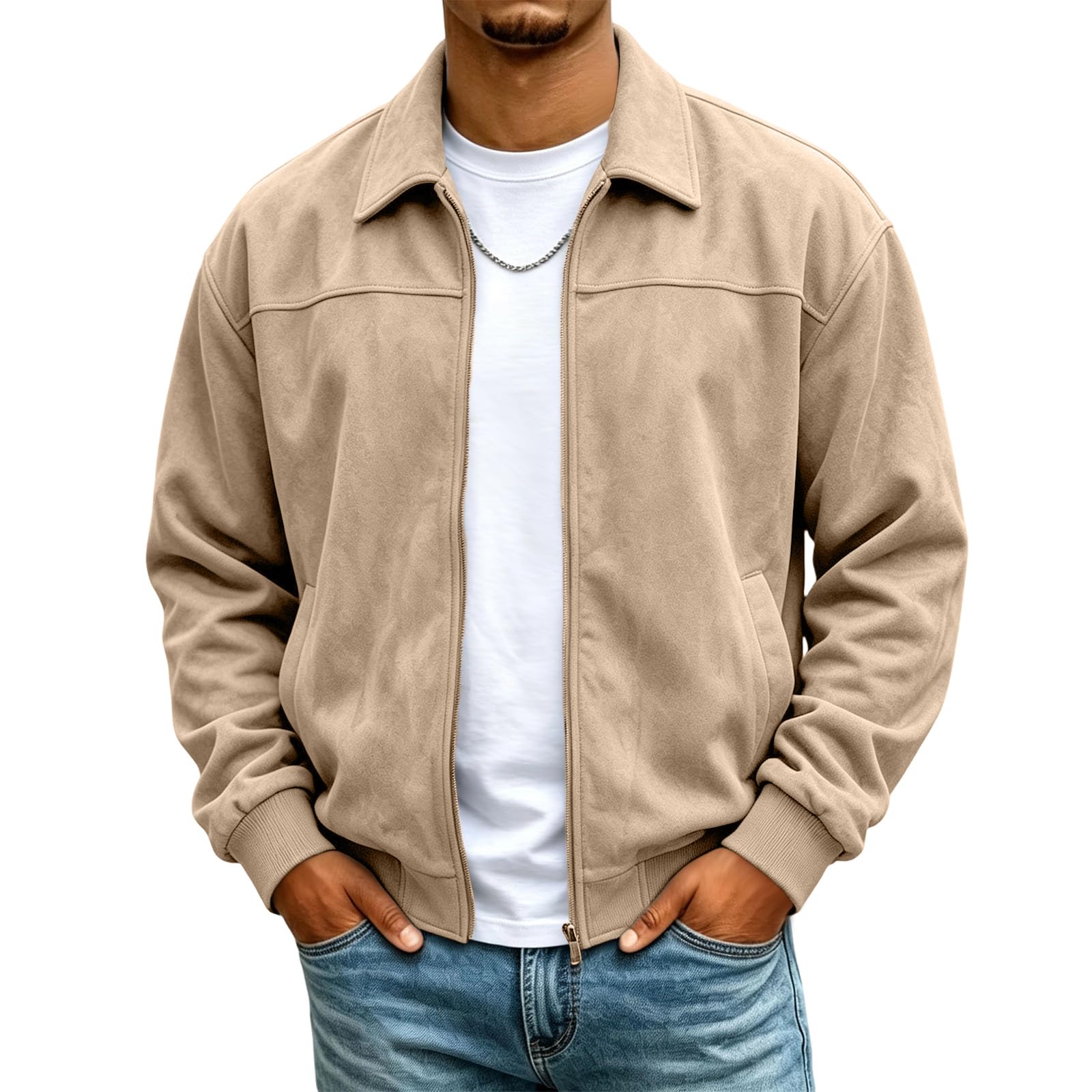Bomber Jacket Men Faux Suede Zip Up Baseball Jacket With Pocket