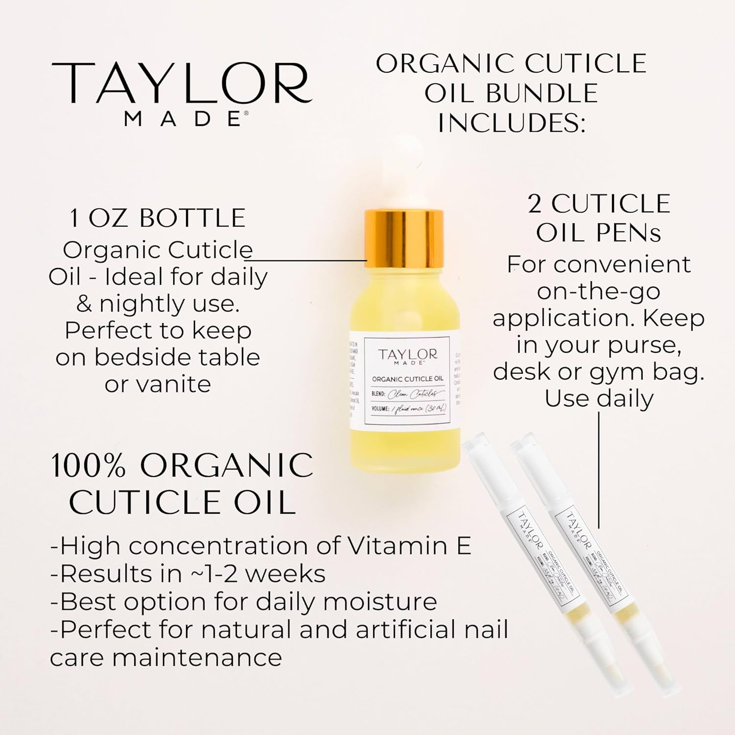 TAYLOR MADE Polish Cuticle Oil – 100% Organic Cuticle Oil | Paraben-free | Non-toxic | Safe for All Ages | Results in less than 2 weeks | Infused with orchid oil | Nail Oil (Bottle & 2 Pens)