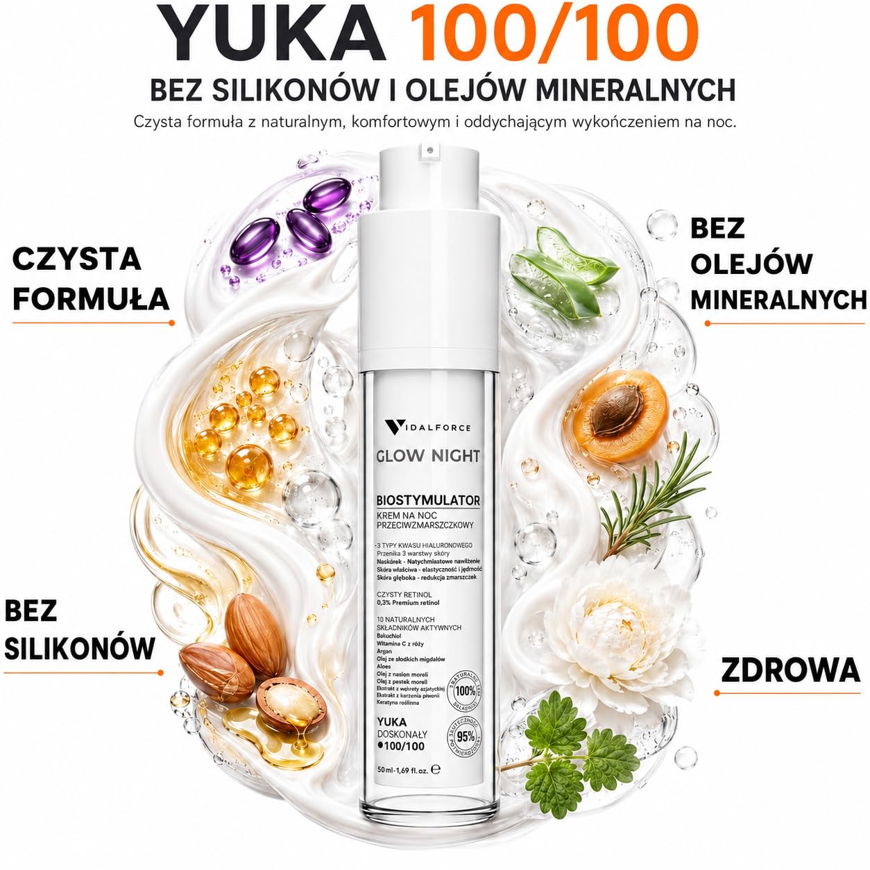 GLOW NIGHT Biostymulujący Przeciwstarzeniowy Krem na Noc, Retinol w kapsułkach z Bakuchiolem i Kwasem Hialuronowym Full-Spectrum I 100/100 Yuka I Krem Przeciwzmarszczkowy dla Kobiet i Mężczyzn. 50 ml
