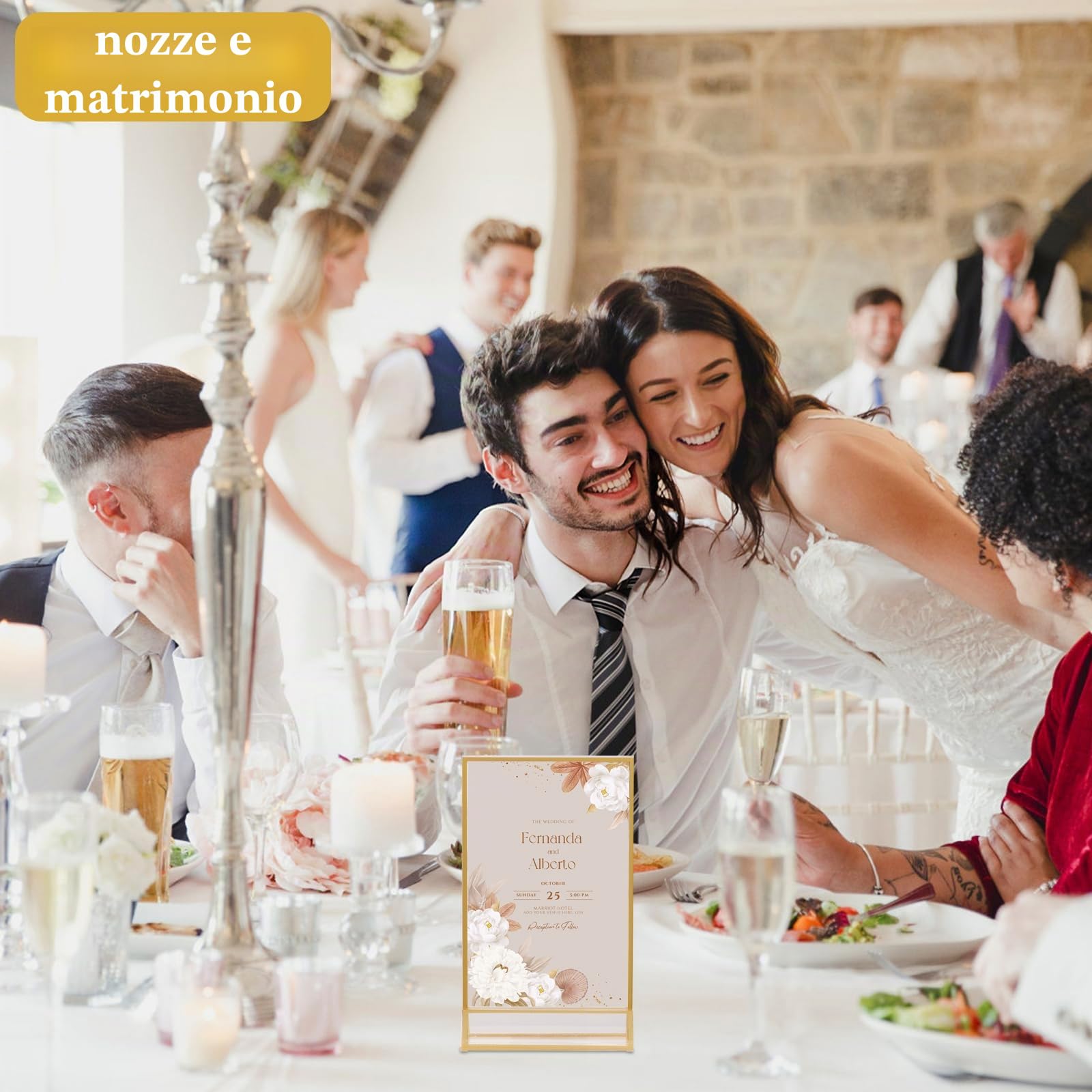 10 pezzi Espositori da tavolo A6, cornice dorata in acrilico, supporto a T, supporto promozionale, segnaposto in oro, per numeri da tavolo, menù per matrimonio, menù