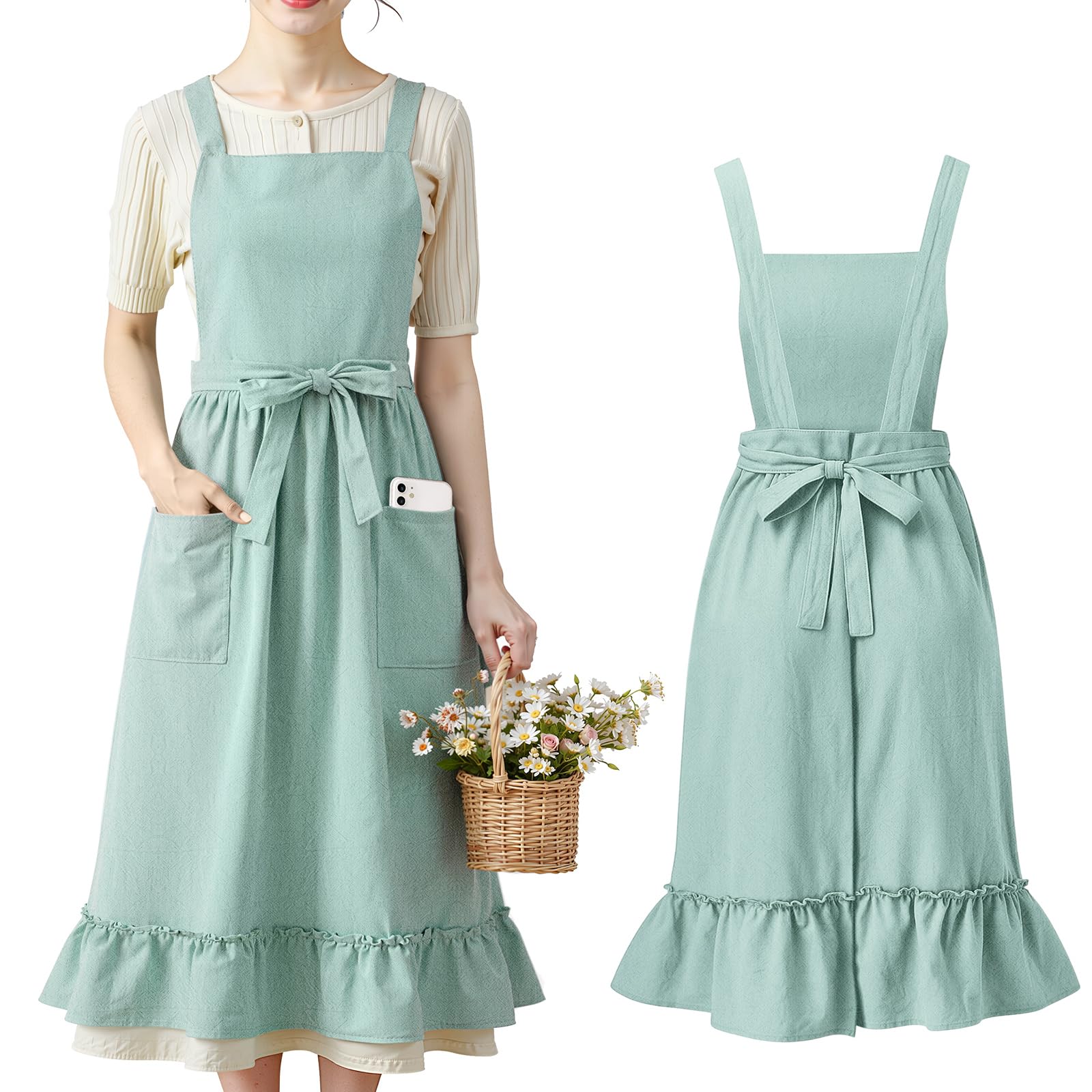 Cotwinter 100% Cotton Aprons with Pockets Pinafore Dress for Women Vintage Cute Aprons for Kitchen Baking Gardening Painting