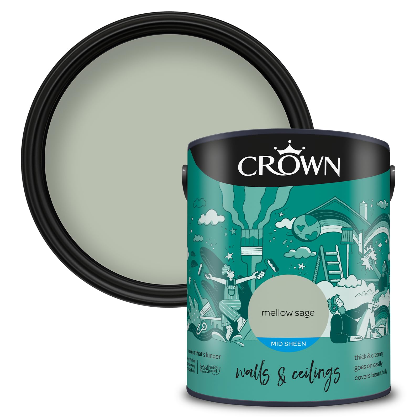 Crown Mellow Sage - Mid Sheen Emulsion Paint for Walls and Ceilings - Wipeable - Pale Sage Green Finish - Hallway and Kitchen - Water Based, Quick Dry, Low Odour Paint - 5L