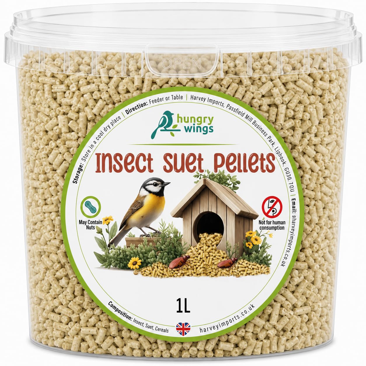 Hungry Wings Suet Pellets with Insects 1L Tub | High Energy Wild Bird Feed